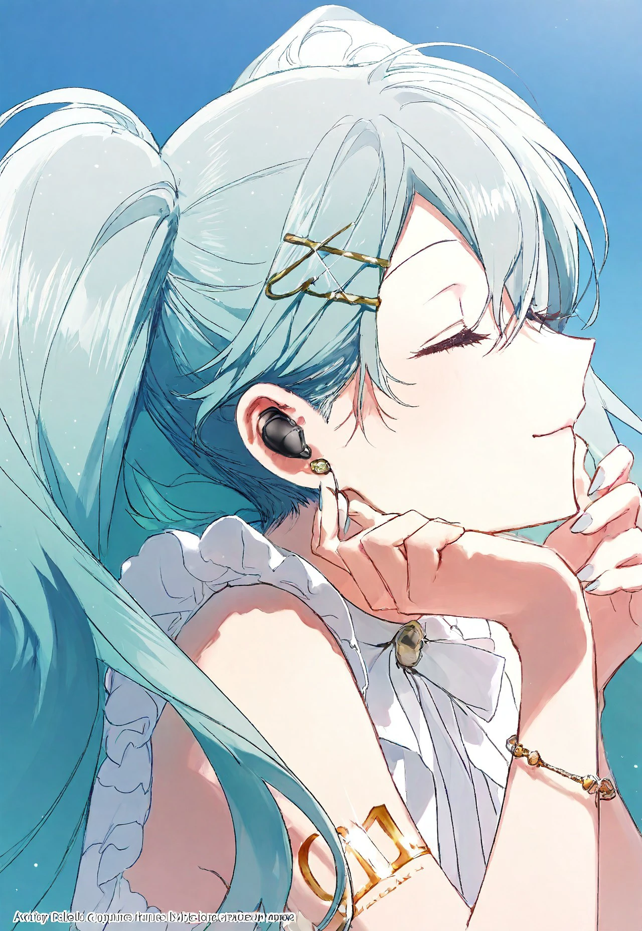 rella, crypton future media, piapro, vocaloid, hatsune miku, 1girl, artist name, bare shoulders, blue hair, blue nails, blue sky, bracelet, brooch, close-up, closed eyes, closed mouth, day, earbuds, earphones, eyelashes, fingernails, frills, from side, glint, hair between eyes, hair ornament, hairclip, hand on own chin, hands up, head rest, jewelry, light particles, light smile, long eyelashes, long hair, neck ribbon, number tattoo, outdoors, product placement, profile, ribbon, shirt, shoulder tattoo, sky, sleeveless, sleeveless shirt, solo, sunlight, tattoo, twintails, upper body, web address, white ribbon, white shirt, wireless earphones, x hair ornament