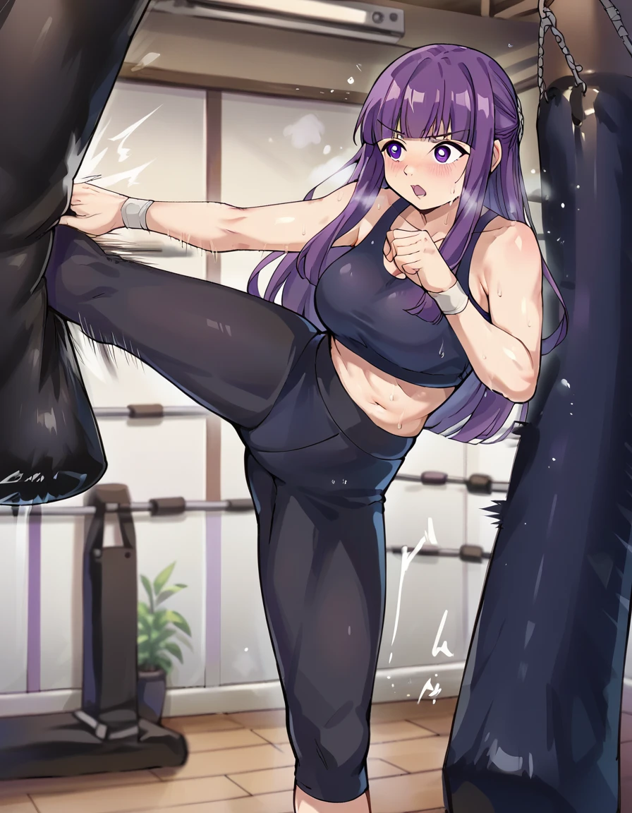 score_9, score_8_up, score_7_up, source_anime, <lora:fern-s1-ponyxl-lora-nochekaiser:1>, fern, long hair, bangs, purple eyes, purple hair, sidelocks, blunt bangs, bright pupils, half updo, large breasts, <lora:kicking-bag-ponyxl-lora-nochekaiser:1>, kicking bag, punching bag, kicking, kickboxing, training, standing on one leg, exercising,, yoga pants, sports bra, steam, open mouth, sweat, blush, gym, motion, motion blur, motion lines,, solo, upper body,