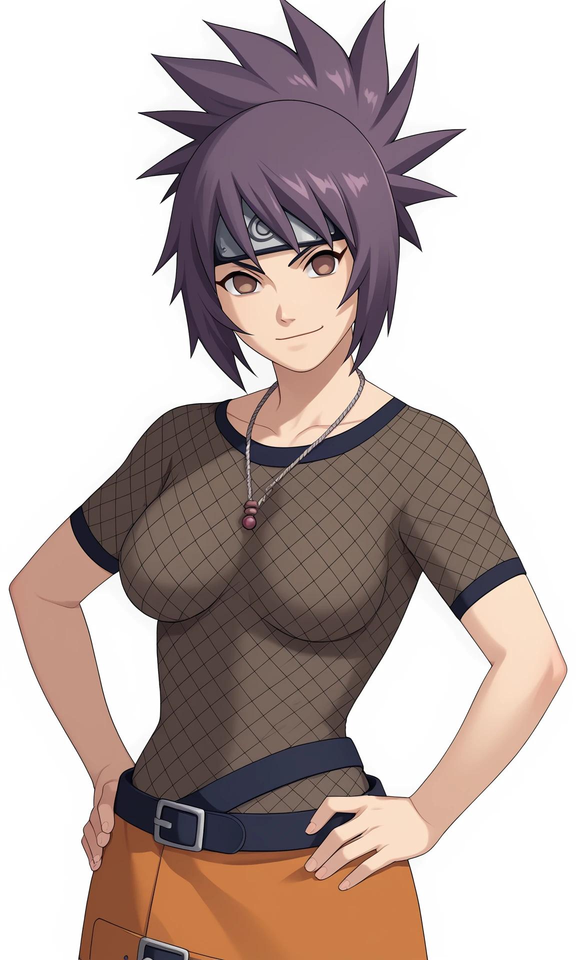 mitarashi_anko, huge_breasts, standing, solo, Anko_fishnet_bodysuit_bare_legs, forehead_protector, masterpiece, best quality, detailed face, detailed eyes, highres,