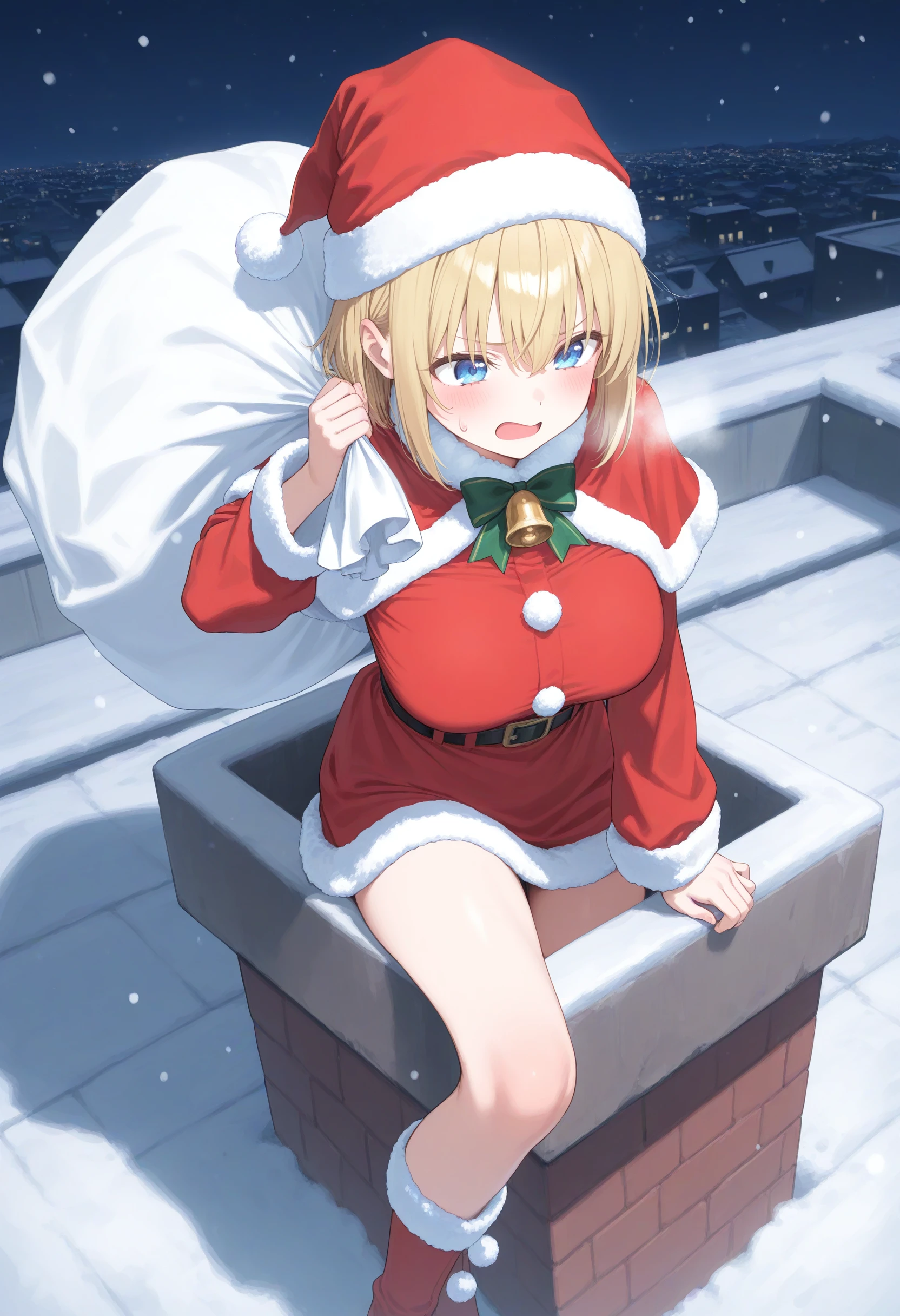 1girl,(sho \(sho lwlw\):0.7),(toosaka asagi:0.5),(sincos:0.3),solo,
masterpiece, best quality, newest, absurdres, CG, anime, source anime, illustration,
large breasts, santa costume, christmas, santa hat,pom pom (clothes),
chimney,rooftop, snowing, sack, <lora:chimney_Illust_v1:0.8>
sweatdrop, night , stuck, holding sack, breath,
dutch angle, feet out of frame, looking ahead, disdain, red-light district, open mouth