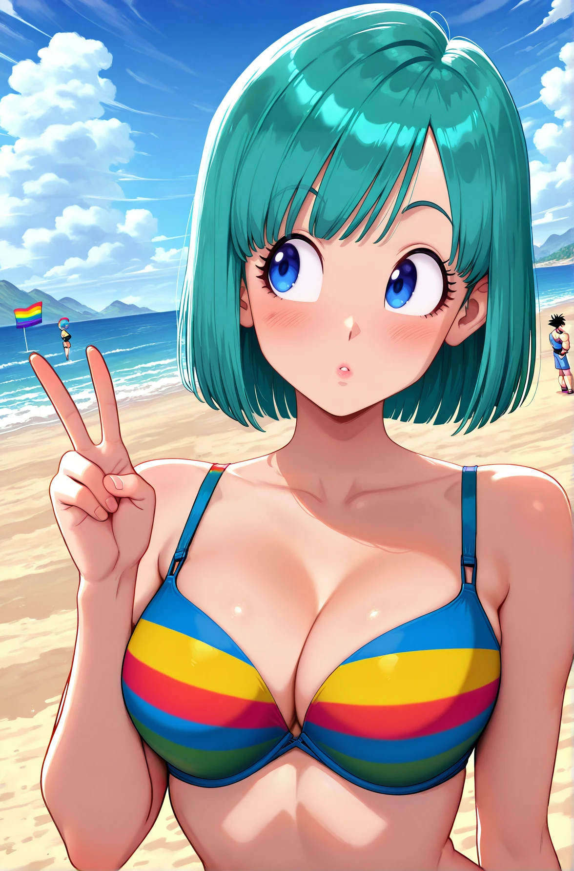 raichiyo33, anime screenshot, bulma, dragon ball z,  bare shoulders, rainbow flag print bombshell bra, cleavage, parted lips, looking to the side, facing viewer, v, dutch angle, sky, beach
<lora:Bombshell_IL:1>, masterpiece, best quality, newest, absurdres, highres, safe,