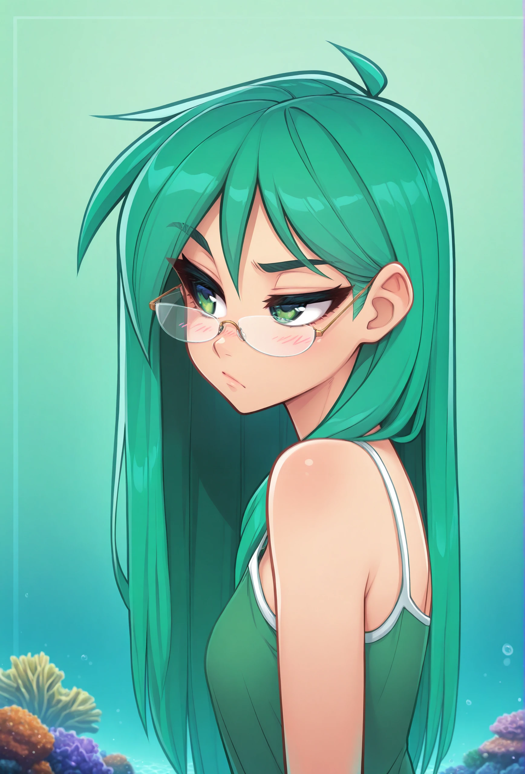 (masterpiece, best quality, very aesthetic, absurdres:1.0) <lora:fluffkevlar_style_illustrious_v1.7:1.3> fkstyle, 1girl, solo, human, green hair, green eyes, green camisole, long hair, green theme, (green background:0.8), coral reef, from side, bored, blush, glasses