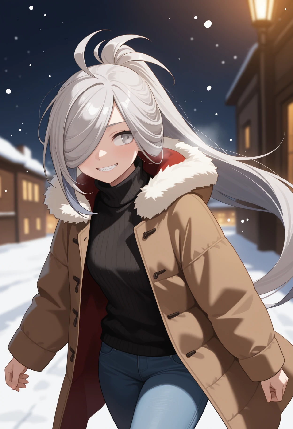 masterpiece, best quality, <break> solo, 1girl, ashmkaini, sharp teeth, smile, looking away, walking, long hair, multicolored hair, grey hair, ahoge, hair over one eye, ponytail, grey eyes, winter clothes, brown coat, fur-trimmed hood, open coat, long sleeves, black sweater, ribbed sweater, turtleneck, jeans, outdoors, snowing, town
<segment:yolo-Anzhc Face seg 640 v2 y8n.pt,0.4,0.5//cid=1>