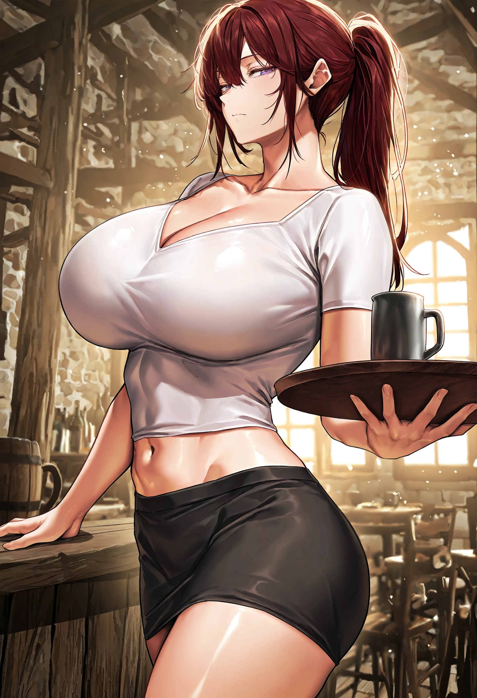 masterpiece, best quality, amazing quality, very aesthetic, absurdres, newest, scenery, 1girl, solo, huge breasts, serious, half-closed eyes, closed mouth, <lora:Calisa illustxl:0.9> ponytail, long hair, red hair, brown hair, purple eyes, blue eyes, sidelocks, hair between eyes, white shirt, collarbone, short sleeves, cleavage, navel, midriff, black skirt, pencil skirt, miniskirt, holding tray, from side, tavern, inside, looking back, shiny skin, masterpiece, best quality, amazing quality, very aesthetic, absurdres, newest, scenery