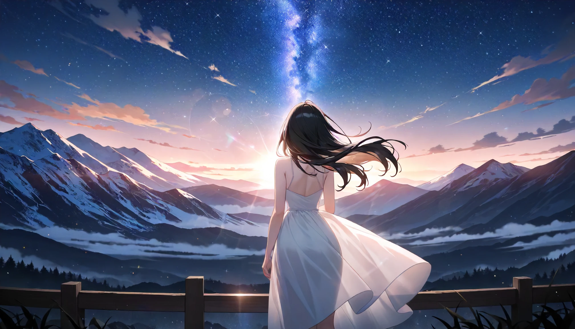 masterpiece,best quality,good quality,newest,
detailed background,mountain,nature,starry_sky,cloud,glitter,lens_flare,
from behind,
solo,
1girl,black hair,long hair,
white dress,
floating hair,standing,