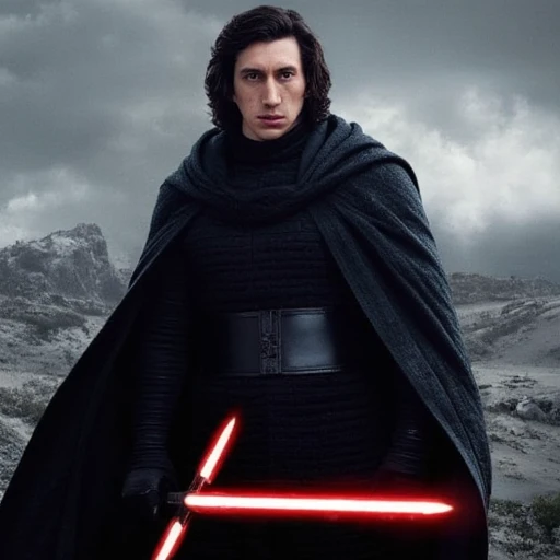 specifically depicting Kylo Ren. He is a male character with medium-length, horizontal panels, high-tech attire reminiscent of the Star Wars franchise, dark hair and a determined, dark cloak and a black tunic with a wide, dark brown hair styled in loose waves. He wears a black, flowing black cloak with a hood, and silver