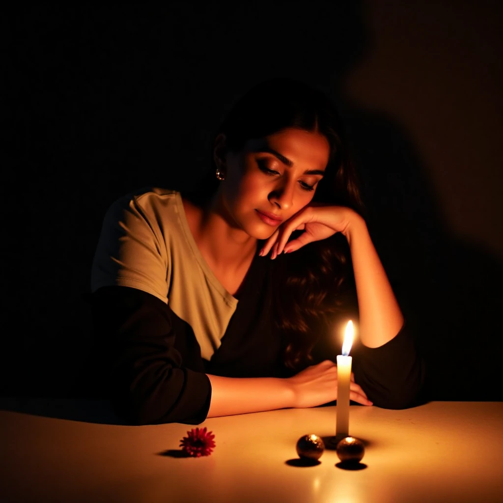 sonamkapoorukohwx with a contemplative expression, rests her head on her hand. She is seen from the mid-chest up,  wearing a simple, light-colored top that is partially hidden by her arms, and a black, long-sleeved shirt.  Her gaze is directed downward.  Soft, warm candlelight illuminates her face and upper body, casting gentle shadows. The room is dimly lit, with the light primarily concentrated on the subject and the candle.  The background is a deep, almost black, creating a strong contrast. A single candle, positioned slightly in front of the woman, is in clear focus. A small, delicate red flower rests on a surface near the burning candle and also to the side of the woman's position. The surface appears to be a light beige or tan table, illuminated just enough to show its texture in the warm light. Small ornate items, potentially decorative spheres or fruits, are arranged around the candle. Soft, warm, muted colors dominate the image, emphasized by the warm candlelight colors.  The overall mood is introspective and quiet; the image evokes a sense of calm contemplation and gentle romance, highlighting feelings of peace and introspection. A diffused, intimate lighting style enhances the subdued, artistic quality of the portrait.