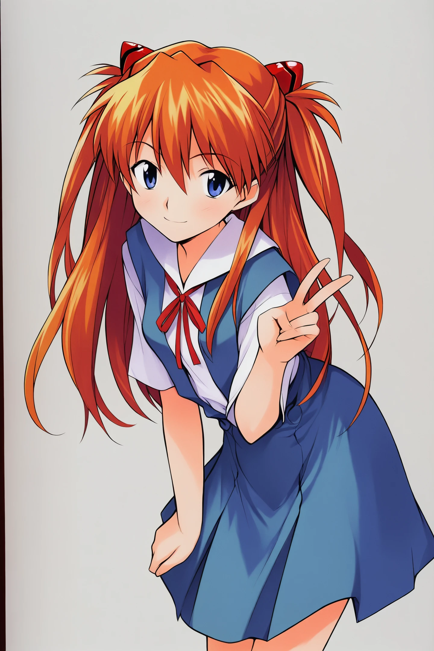 1girl,souryuu asuka langley,solo,long hair,school uniform,blue eyes,smile,white background,ribbon,shirt,simple background,v,orange hair,short sleeves,skirt,red ribbon,neck ribbon,white shirt,bangs,hair between eyes,looking at viewer,tokyo-3 middle school uniform,closed mouth,two side up,hair ornament,suspender skirt,interface headset,suspenders,cowboy shot,blue skirt,
<lora:Keiji Yamamoto_illustriousXL:0.8>,