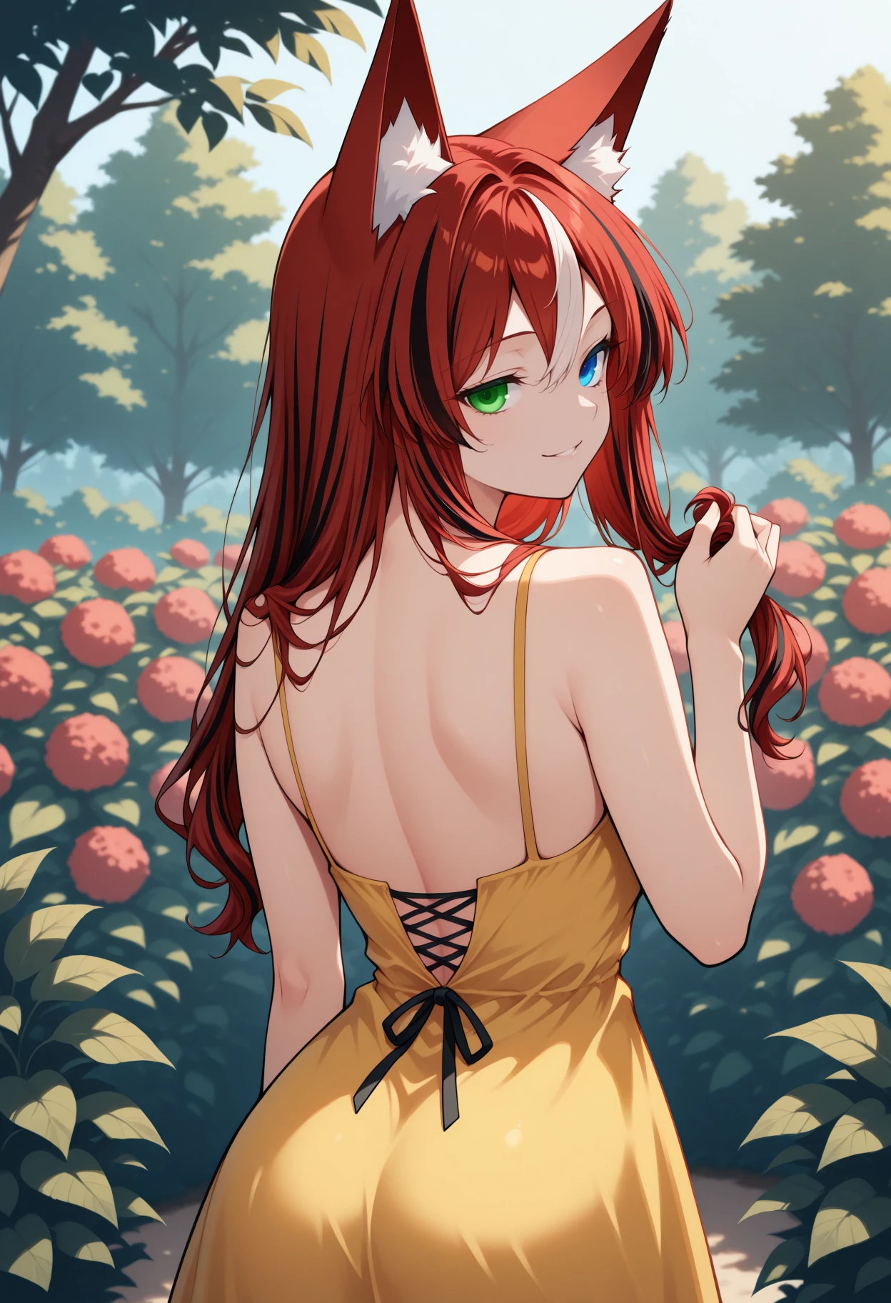 masterpiece, best quality, 1girl, solo, Bomba, heterochromia, green eye, blue eye, multicolored hair, streaked hair, red hair, black hair, animal ears, long hair, from behind, looking back, seductive smile, holding own hair, back, yellow sundress, outdoors, garden, <lora:ChamBombaOCIllustriousXL:1>