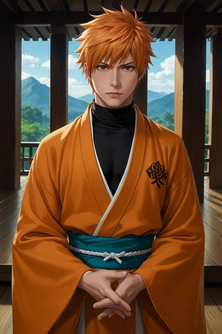 score_9, score_8_up, score_7_up, source_anime, rating_safe, intricate details, (photorealistic:0.6), looking at viewer, , 1boy, solo, male focus, <lora:ichigo_kurosaki_pony:0.9>, ichigo_kurosaki, 1boy, orange hair, brown eyes, short hair, spiked hair, , japanese clothes, , tattoo, mountain temple, stone halls, snow gardens, meditation rooms, peaceful pose, serene expression, morning, turtleneck,, <lora:sdxl_lightning_8step_lora:1>