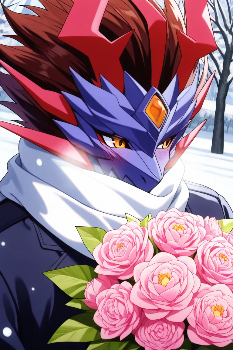 realistic shading, natural lighting, dragon-mecha focus, looking away, expressive face, esdahvanguard, yellow_esdahvanguard_eyes, yellow_esdahvanguard_forehead jewel, reddish brown_esdahvanguard_spiked hair, red_esdahvanguard_horns, 1dragon-mecha, pokemon (creature), shy, covered mouth, holding pink flower bouquet, blush, winter clothes, shiny skin, white scarf, jacket, snowing, snow, winter theme, breath, outdoors, tree, romantic, intricately detailed illustration, depth of field, atmospheric perspective, masterpiece, best quality, amazing quality, very aesthetic, absurdres, newest, anime screencap