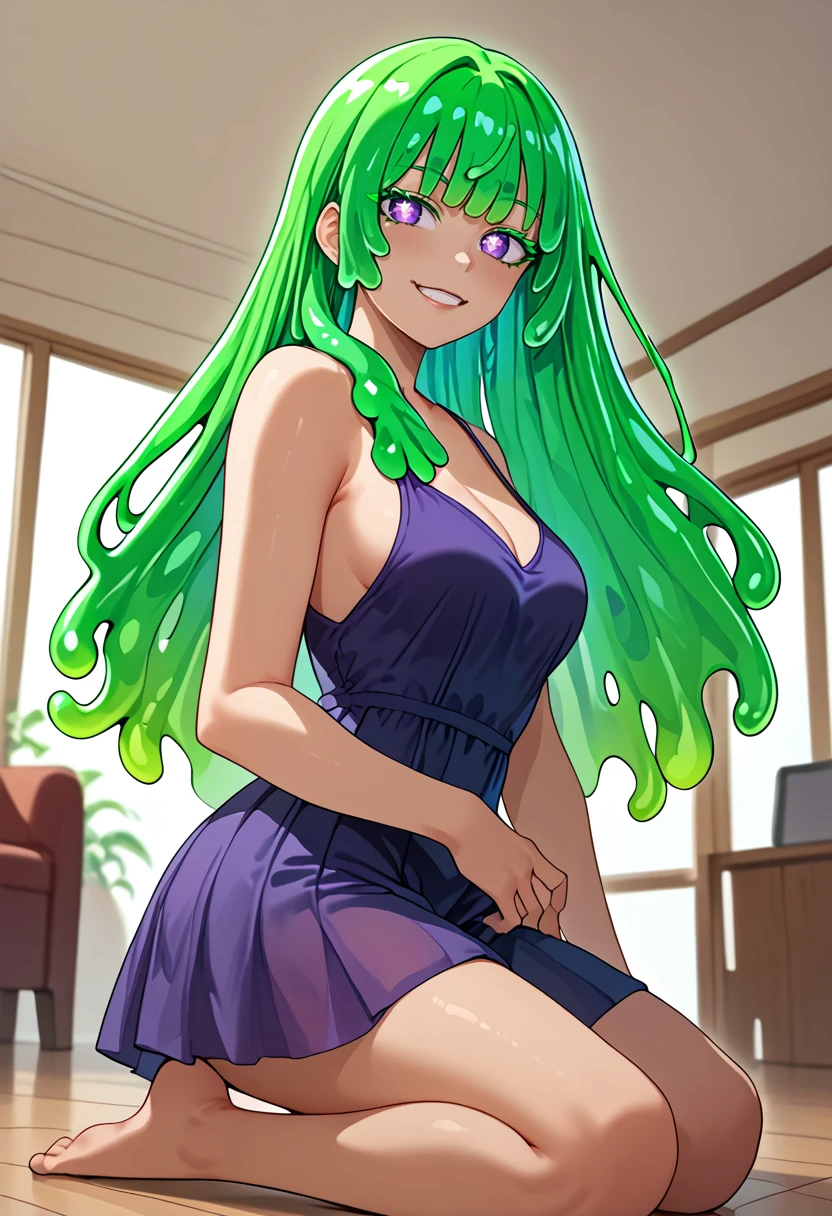 score_9_up, 1girl, solo girl, best quality, masterpiece, from side from below, dynamic pose, looking at viewer, kneeling on floor cleavage,
<lora:Neneya_Green:1> NeneyaGreen, green haired slime girl, slime hair, long hair, bangs, purple eyes, x shaped pupils, green colored eyelashes,  bright smile,  (((adult))) medium breast, blue flower summer dress,