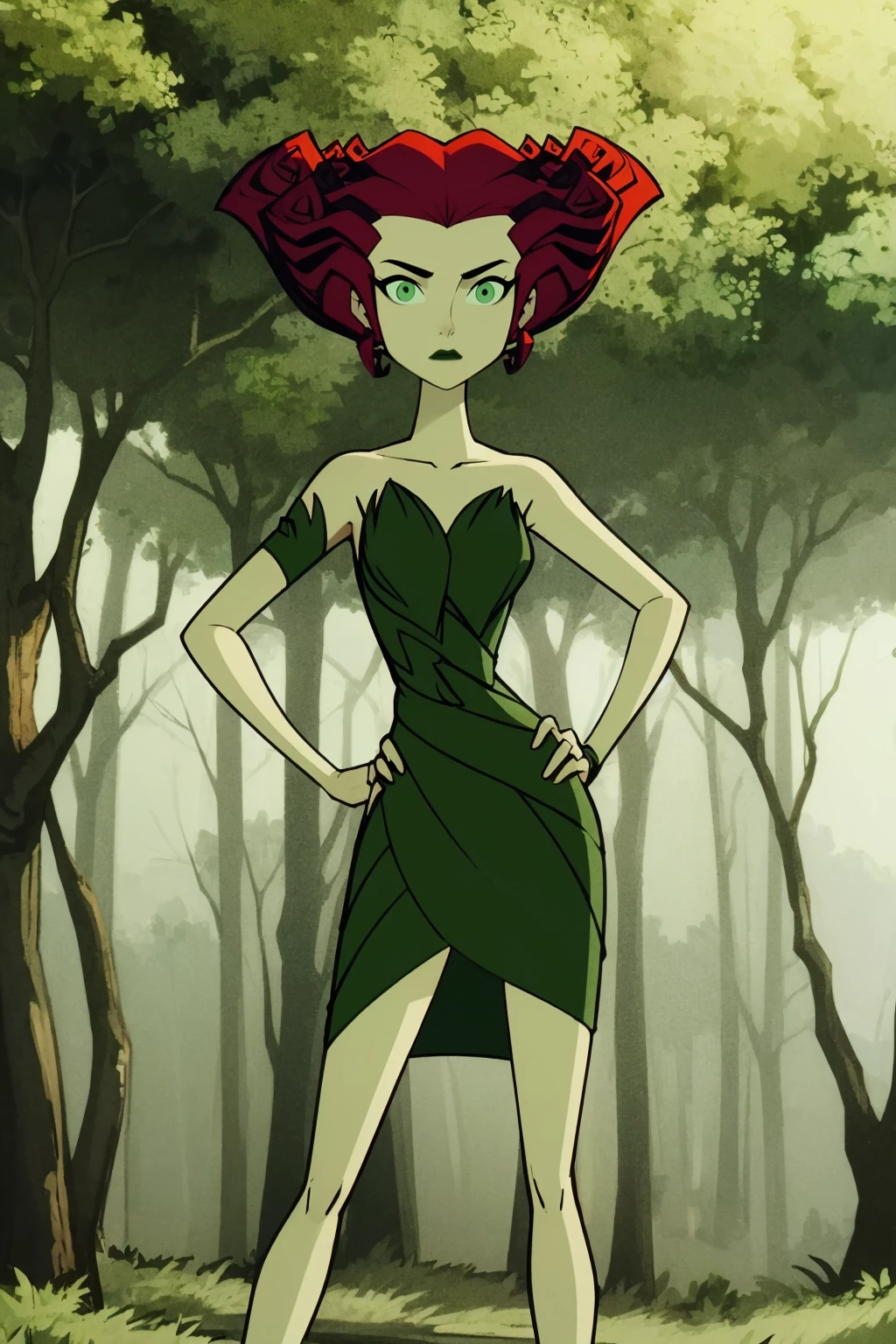 masterpiece, best quality,
1girl, poisonivy, red hair, green eyes, lipstick,
strapless dress, pale green skin, bare shoulders,
hands on hips, standing, solo, looking at viewer,
trees, dark jungle background <lora:PoisonIvy_byKonan:1>