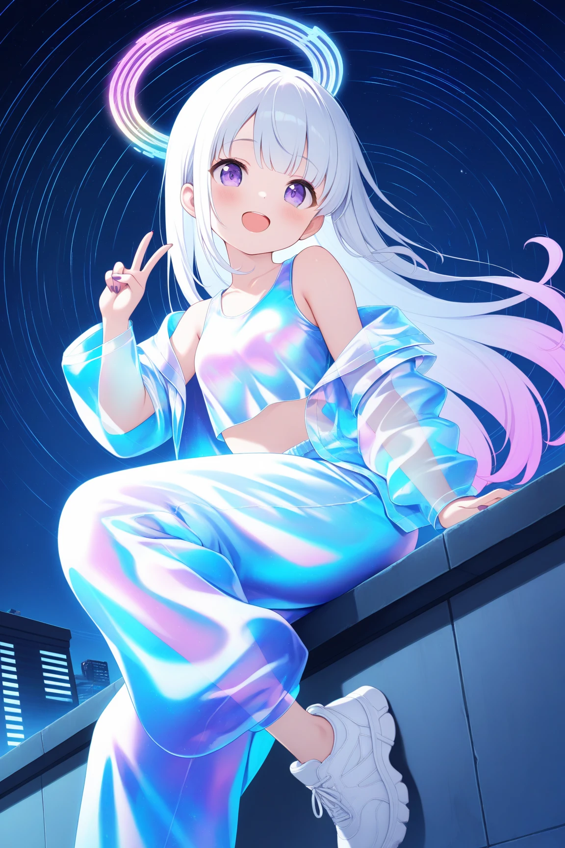 masterpiece, best quality, 1girl, alternate costume, open jacket, white hair, transparent jacket, holographic clothing, iridescent, long wide pants, bare shoulder, sitting on rooftop, neon light, dynamic angle, v, head tilt, purple eyes, gradient hair, one leg up, purple fingernails, iridescent tanktop, white shoes, open mouth, starry sky, star trail, halo