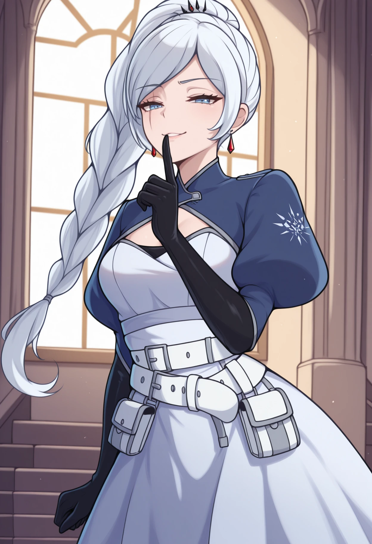 masterpiece, best quality, <break> cowboy shot, solo, 1girl, wsatlas, scar across eye, smug, looking at viewer, standing, finger to mouth, shushing, long hair, white hair, braided ponytail, tiara, blue eyes, half-closed eyes, shrug \(clothing\), blue jacket, cropped jacket, juliet sleeves, white dress, white belt, multiple belts, pouch, black gloves, elbow gloves, earrings, indoors, mansion, stairs, round window
<segment:yolo-Anzhc Face seg 640 v2 y8n.pt,0.4,0.5//cid=1>