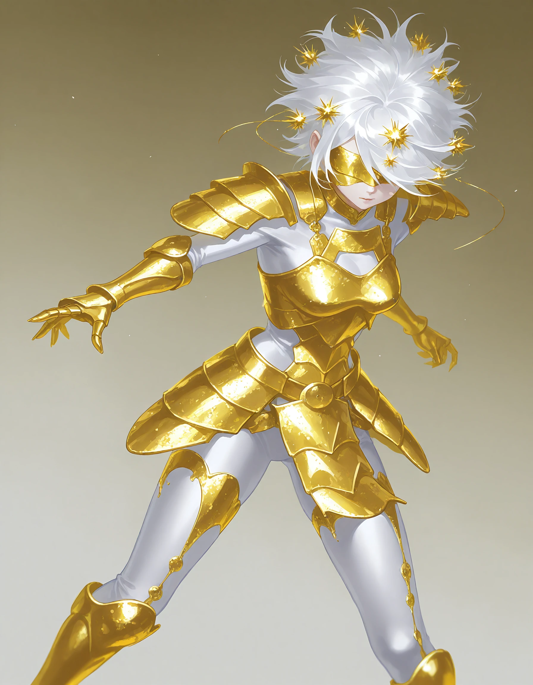 jinn female samurai, 21yo, spikeyhair hair, armored, color white, gold, vivid, covered eye, 2d