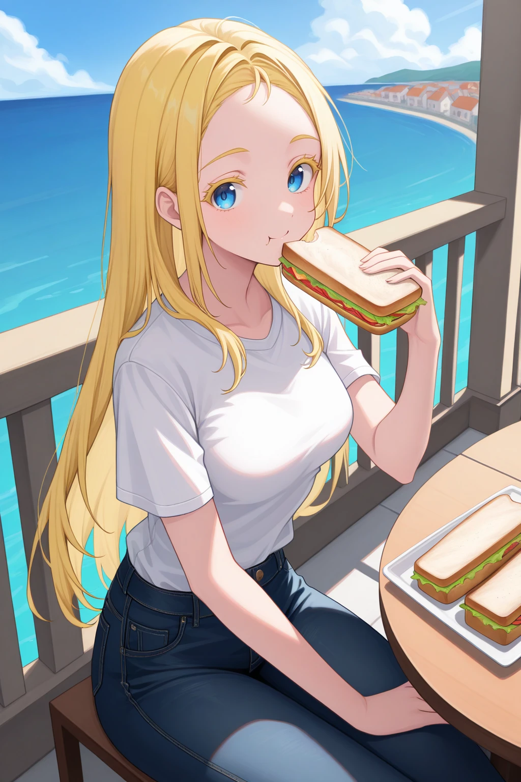 masterpiece, best quality, cowboy shot, looking at viewer, smile, 1girl, usk0, medium breasts, blue eyes, blonde hair, forehead, colored eyelashes, long hair, white shirt, jeans, eating, holding, sandwich, sitting, outdoors, balcony, table, town, ocean, <lora:Hoseki_SummerTimeRendering_UshioKofune_IllustriousXL_v1:1>