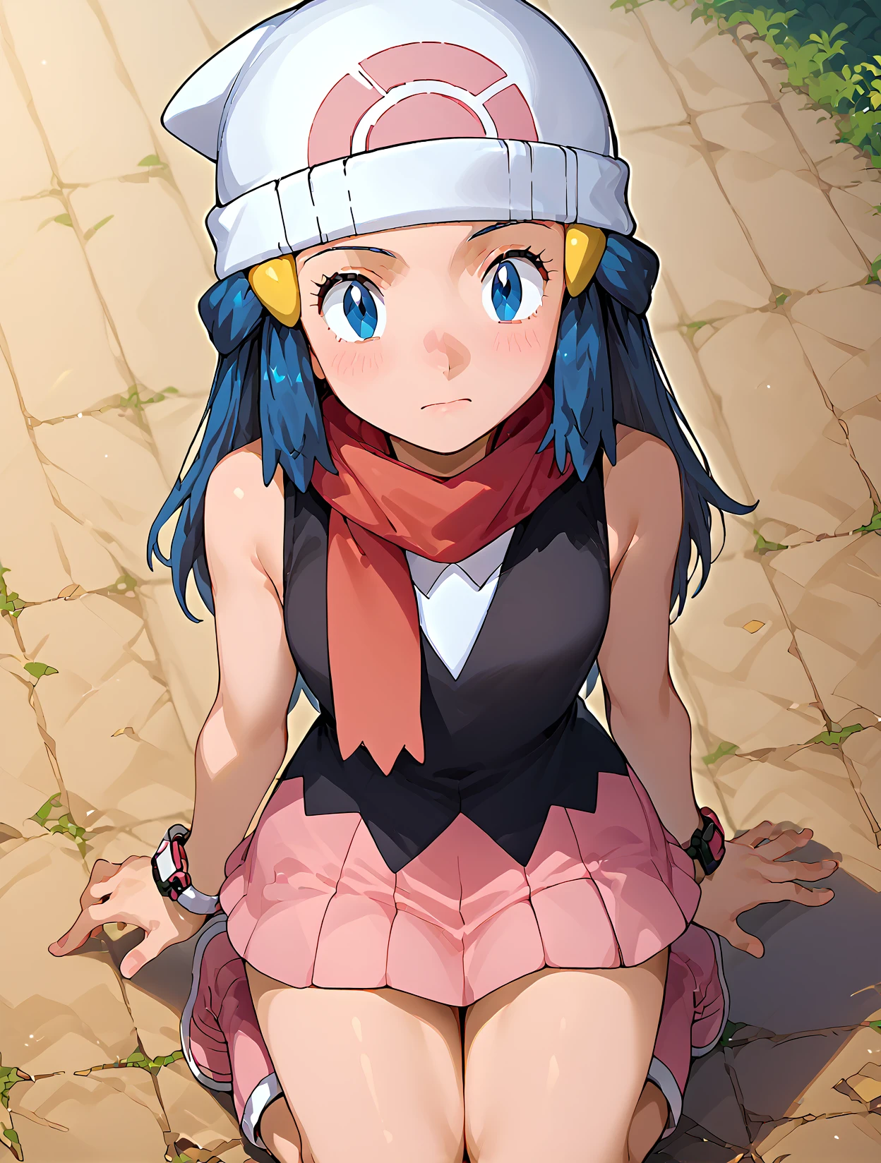 Kneeling and mimicking blowing kisses, From Above, solo, 1girl,  <lora:DawnPony:1>Dawn_PD, long hair, blue hair, blue eyes, hair ornament, beanie, white headwear, red scarf, sleeveless shirt, black shirt, bracelet, pink skirt, boots, pink footwear,, score_9, score_8_up, score_7_up,