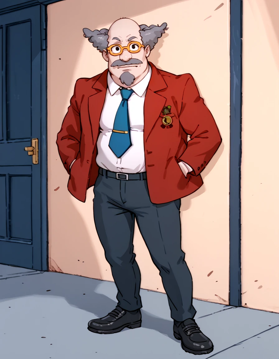 <lora:Dr_Lipschitz_PONY:0.9> 1boy, solo, grey hair, bald, patterned baldness, black eyes, facial hair, mustache, glasses, yellow-framed eyewear, white shirt, collared shirt, red jacket, red suit jacket, blue necktie, pants, black shoes,, source_cartoon, score_9, score_8_up, score_7_up, score_6_up, score_5_up, score_4_up,