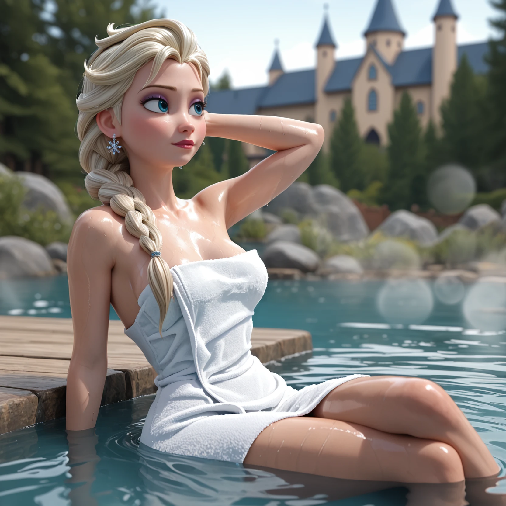 elsa \(frozen\),pixar style,frozen \(disney\),castle,royalty,1girl,blonde hair,single braid,long hair,eye reflection,motion blur,wet towel,partially submerged in water,legs underwater,water reflections,water distortion,clear water,
blender \(medium\),breasts,narrow waist,skin imperfections,disney,towel wrap,towel,naked_towel,looking up,leaning back,arms relaxed to side,intricate realistic hair,sitting,outdoors,
soft blur,eyeshadow,blurry foreground object,outside window,medieval,onsen,earrings,jewelry,crossed legs underwater,steaming,arm up,
bokeh,depth of field,dof,f/2.8 macro photo,absurdres,highres,high resolution,shadow,score_9,score_8_up,score_7_up,looking to the side,solo focus,