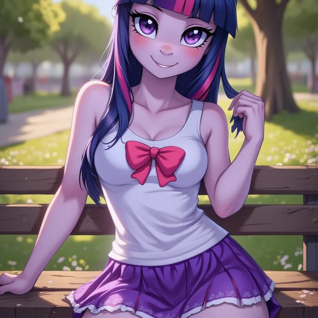 twilight sparkle in dress, detailed cutie face, long blue hair, photorealism, hi-res, sexy sitting on the bench in park 