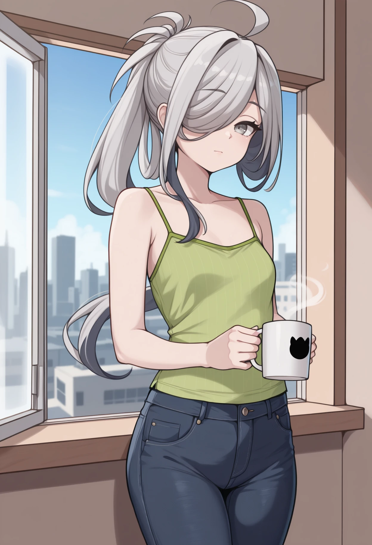 masterpiece, best quality, <break> cowboy shot, solo, 1girl, ashmcasual, closed mouth, looking at viewer, standing, holding coffee mug, long hair, grey hair, ahoge, hair over one eye, ponytail, grey eyes, green camisole, spaghetti strap, jeans, bare shoulders, collarbone, indoors, living room, open window, blue sky, cityscape
<segment:yolo-Anzhc Face seg 640 v2 y8n.pt,0.4,0.5//cid=1>