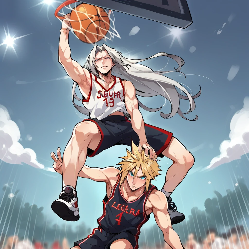 score_9, score_8_up, score_7_up, score_6_up, score_5_up, score_4_up, zPDXL2,source_anime,rating_questionable,  <lora:Venom_Dunk:0.8> v3nm, basketball (object), 2boys,cloud_Strife, Sephiroth , sportswear, basketball uniform