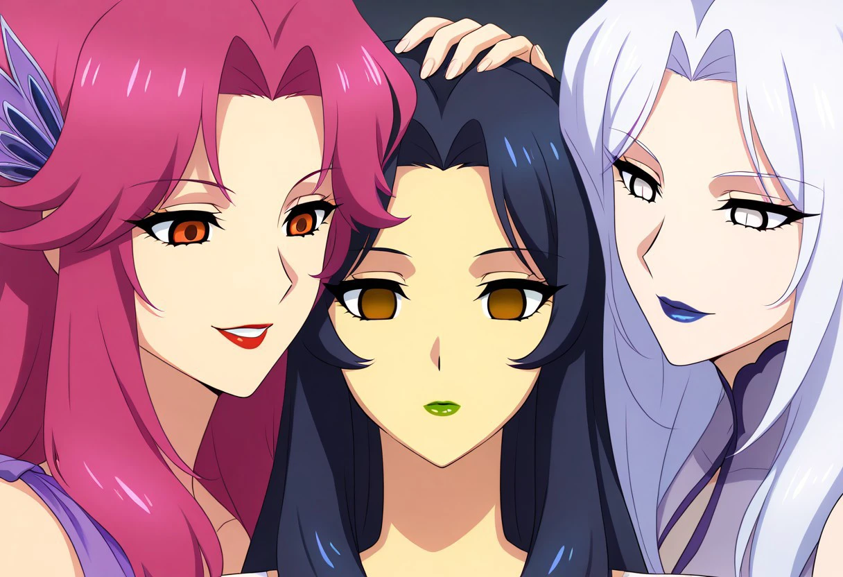 anime, empty eyes, emotionless, hypnotized, two females, lipstick, red lipstick, yellow lipstick, green lipstick, blue lipstick, purple lipstick, black lipstick, glossy lips, wet lips, sexy smile, adult, casual dress, long hair, white hair, black hair, green hair, red hair, yellow hair, pink hair, purple hair, blue hair, hair decoration, red eyes, orange eyes, yellow eyes, green eyes, blue eyes, purple eyes, pink eyes, black eyes, white eyes, close up, hand on head