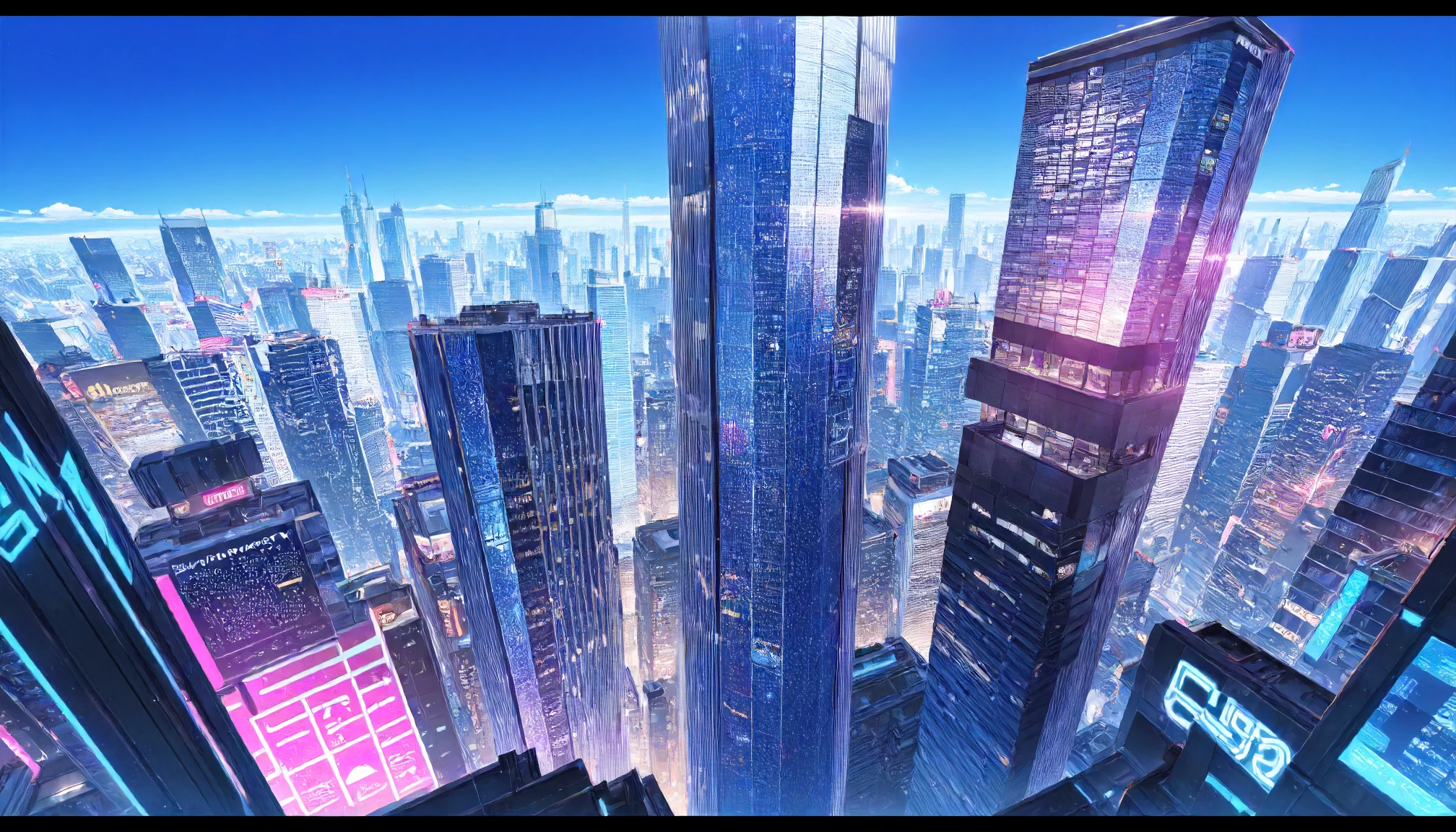 masterpiece,best quality,good quality,newest,
detailed background,future city,Skyscraper,glitter,blue sky,