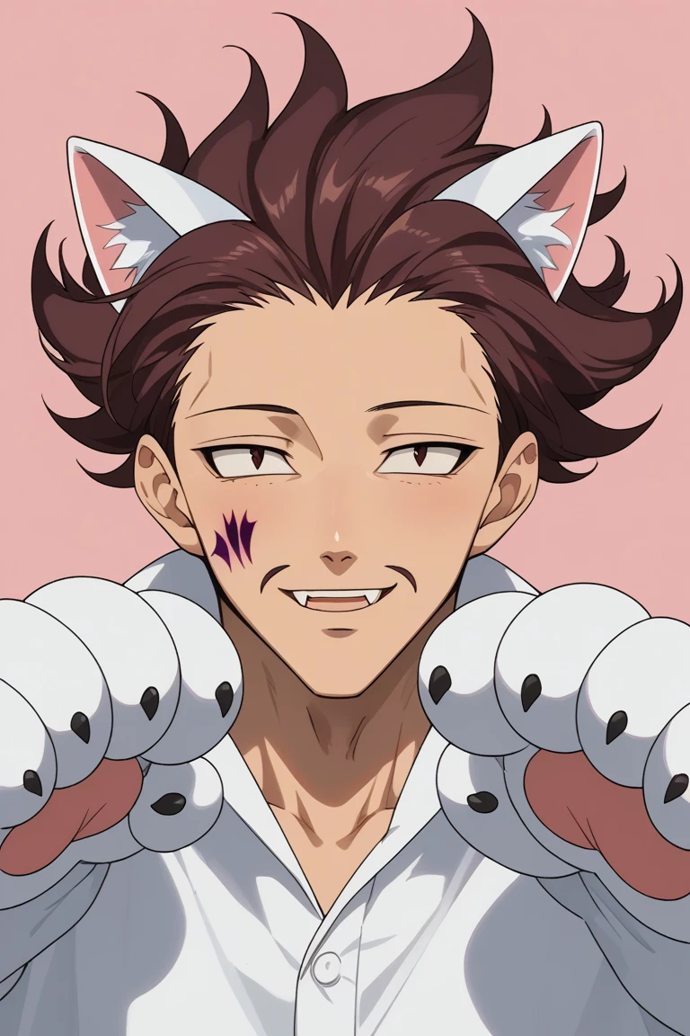 score_9, score_8_up, score_7_up, source_anime, rating_explicit, realistic shading, natural lighting, male focus, looking at viewer, cute expressive face, smiling, monspeetnnt, purple-black_monspeetnnt_facial mark, brownish red_monspeetnnt_spiked hair, brownish red_monspeetnnt_facial hair, black_monspeetnnt_eyes, 1boy, head tilt, blush lines, teeth, fangs, shiny skin, cute pose, fake cat ears, cat paws, cosplay, pectoral cleavage, cute shirt, simple white patterned pink background, intricately detailed illustration, depth of field, masterpiece, best quality, amazing quality, very aesthetic, absurdres, newest, atmospheric perspective, anime screencap