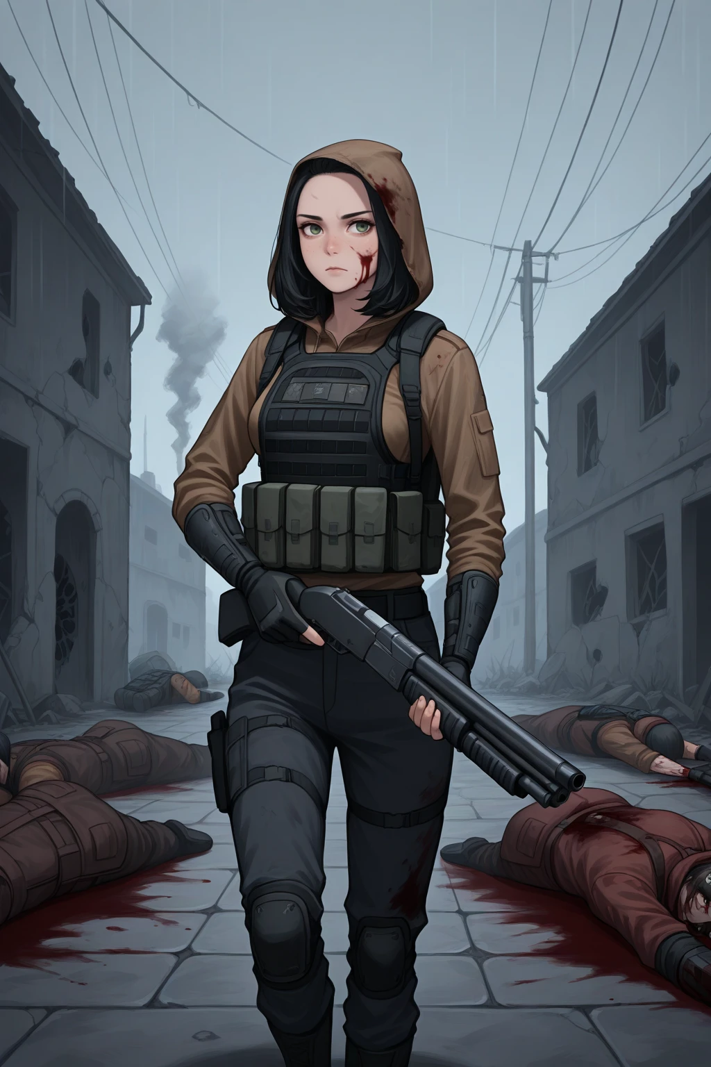 masterpiece, best quality, looking to the side, serious, 1girl, p1p3r, freckles, green eyes, forehead, black hair, medium hair, medium breasts, hood up, tactical clothes, bulletproof vest, arm guards, backpack, holding weapon, shotgun, two-handed, walking, outdoors, smoke, after battle, (corpse), blood on clothes, dirty clothes, blood on face, courtyard, rain, post-apocalypse, smoke, bullet hole, <lora:Hoseki_Fallout_PiperWright_IllustriousXL_v1:1>