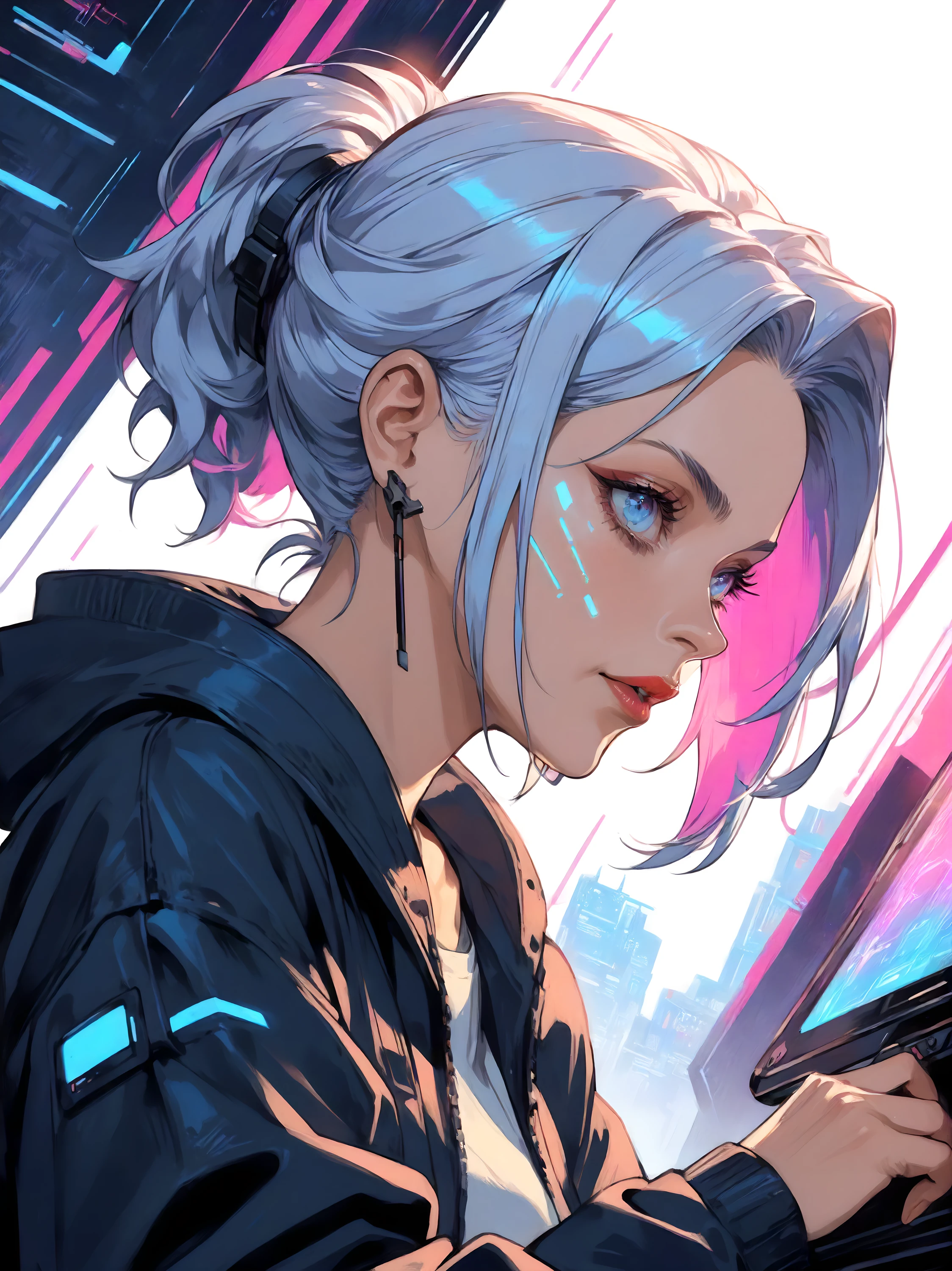 Best quality, cyberpunk style, gouache style, Transparent, line art style, gaming style, 1 old woman, intense angle, A scene that exudes a hidden mystery, Presence beyond time