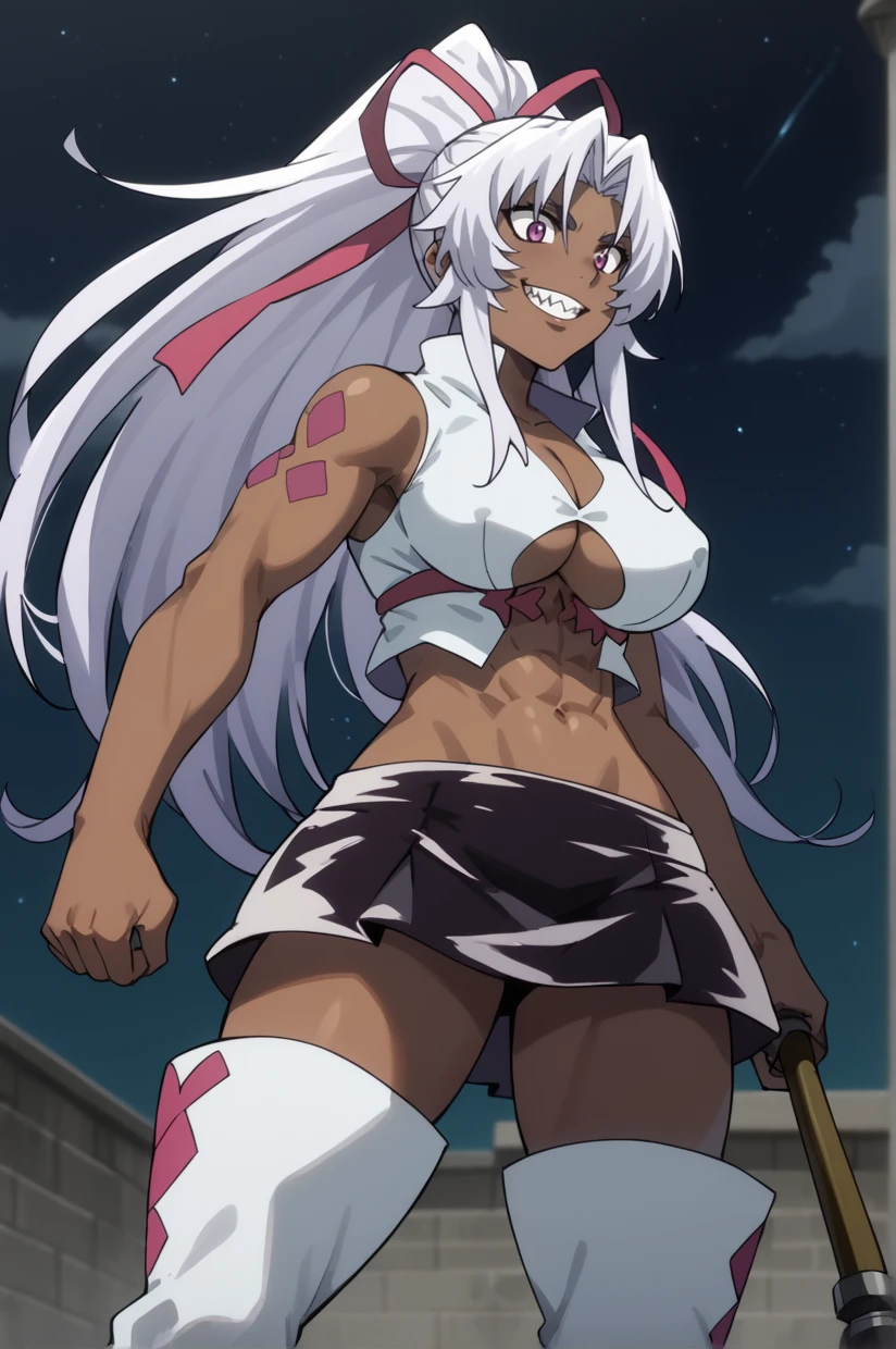1 girl, beautiful, perfect lighting, muscular, thick thighs, mature woman, milf, navel, abdomen, (masterpiece, high quality: 1.1), anime waifu bodybuilder, beautiful face, debatalho face, extremely detailed eyes, knight character, green eyes, perfect body, fit body, looking at the sword, character holding a sword, abdomen, large breasts, muscular, ((hair) long and blonde), sarashi white breast, sarashi,  underboob, breasts bandages, arm bandages (insanely detailed, beautiful detailed face, masterpiece, best quality), (looking disgusted), konosuba, character A2, (white and torn bandages on the arms and legs), image taken from above, camera away, image with focus on the sword, high quality, white light clothes, sweat splattering, character on guard with sword, knight's pose, sword with sharp blade with brightness,  clear image, blue background, forest landscape, detailed image without errors