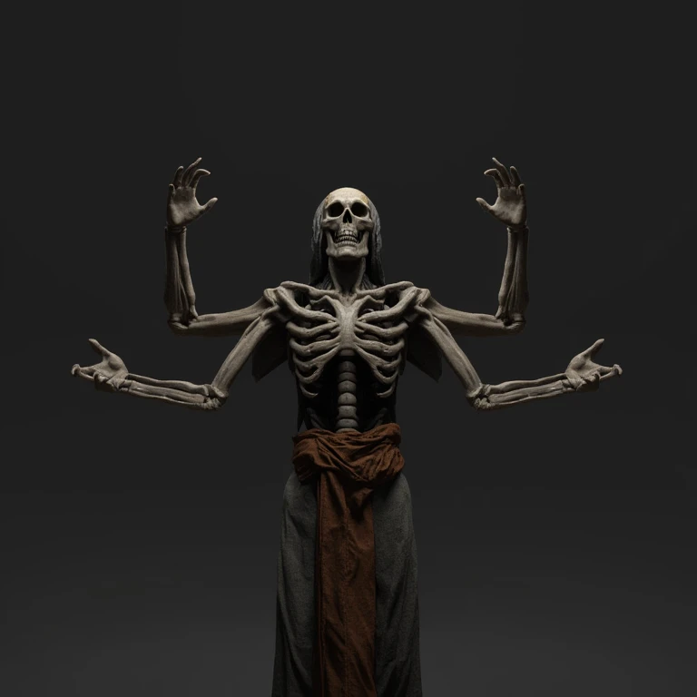 This is a CGI-rendered image of a skeletal figure with a haunting, ethereal quality. The figure is depicted in a dark, shadowy setting with a plain, dark grey background. The skeletal figure has four arms, two of which are raised above its head, with hands splayed in a gesture of power or supplication. The body is humanoid, but skeletal, with exposed, gnarled bones that give it a macabre, ancient appearance.
, <lora:path_of_exile_flux:0.8>,