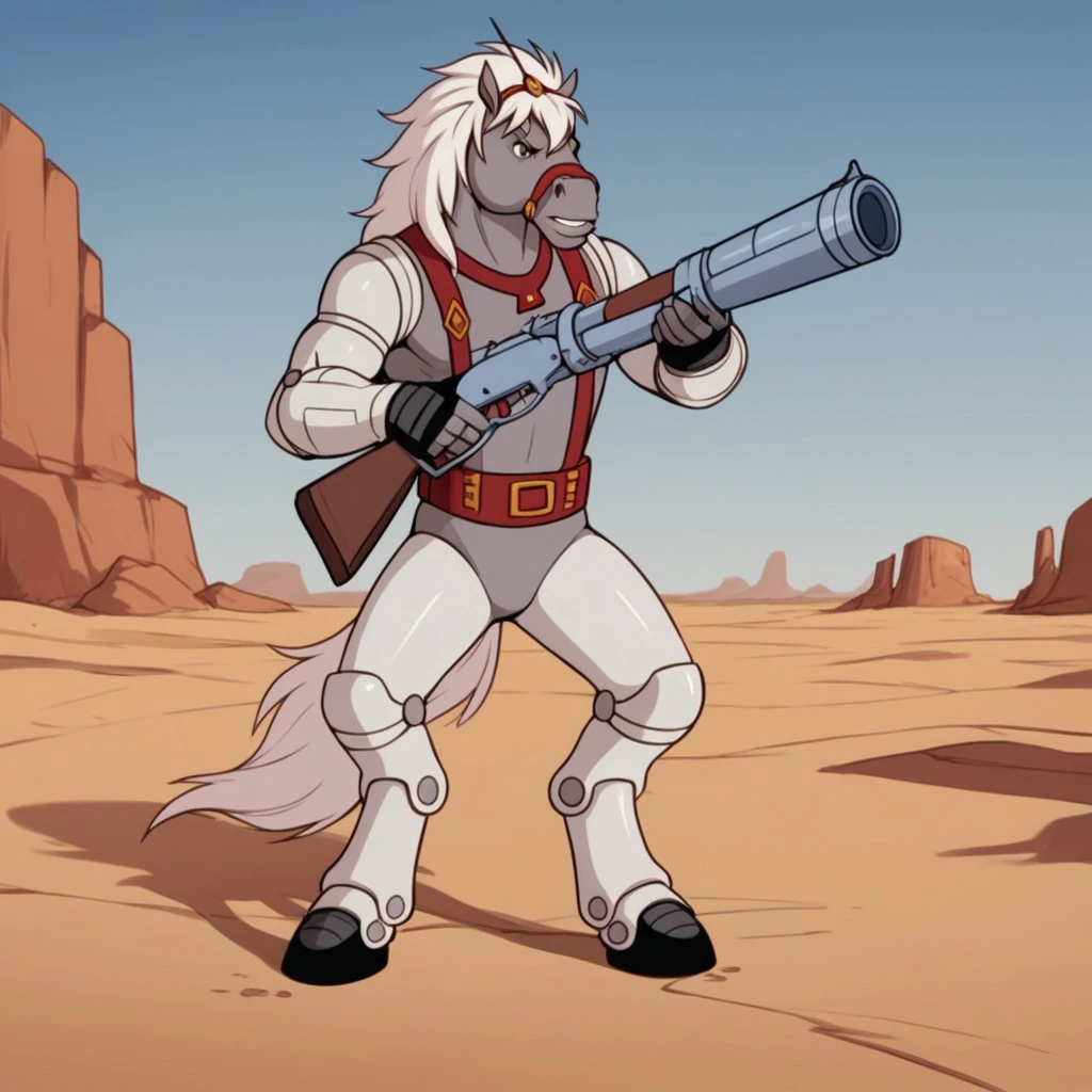 score_9, score_8_up, score_7_up, score_6_up, score_5_up, score_4_up, source_furry, thirty/thirtyBs, anthro, male, horse, grey fur, white hair, robotic limbs, red harness, desert, standing, holding, gun, blunderbuss, aiming gun