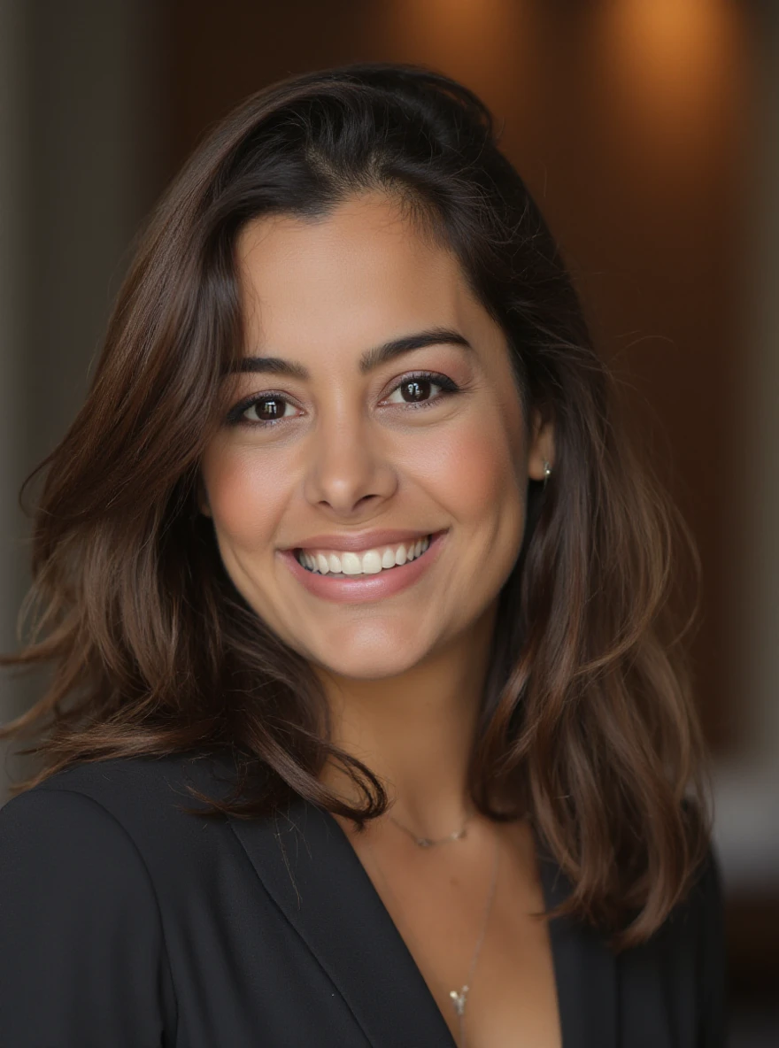 portrait of l4r1ss4r1qu3lm3 woman, on a office, serene and warm, natural lighting, soft focus, high-resolution, elegant and introspective atmosphere, quiet sophistication, wearing a turtleneck yarn blouse, slight smile

