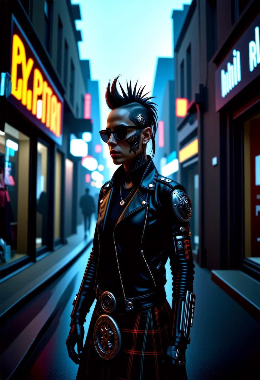 The alley, bustling with urban life, sets the stage for her confident presence. Her short undercut hair and terminator-style sunglasses create a distinctive look, representing the fusion of her cultural heritage and futuristic enhancements. This scene, with its atmospheric lighting and urban environment, captures the essence of a viking woman, transported through time, navigating this new world, leaving a lasting impression in the heart of the city. 
In a dystopian city, a celticpunk rebel with a Celtic twist stands tall. Their face, marked with intricate Celtic tattoos, tells a story of resistance and freedom. Dressed in a leather jacket adorned with Celtic symbols and a kilt, they exude an air of defiance. The city's neon lights reflect off their spiked mohawk, creating a unique, punk-inspired look. Their presence challenges the oppressive regime, embodying the spirit of Celtic rebellion and the fight for freedom. Celtic-inspired aesthetic incorporating punk elements, traditional Celtic music, augmented mechanical enhancements.