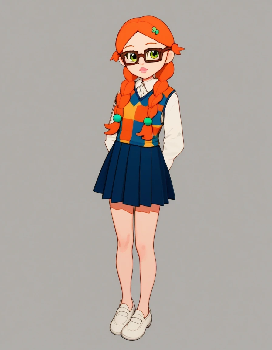 PenelopeSML, 1girl, solo, long hair, skirt, shirt, hair ornament, long sleeves, twintails, green eyes, full body, braid, pleated skirt, shoes, glasses, orange hair, twin braids, hair bobbles, grey skirt, pink upper legs, brown square shape glasses, vest, sweater vest, pink lips, white shoes,