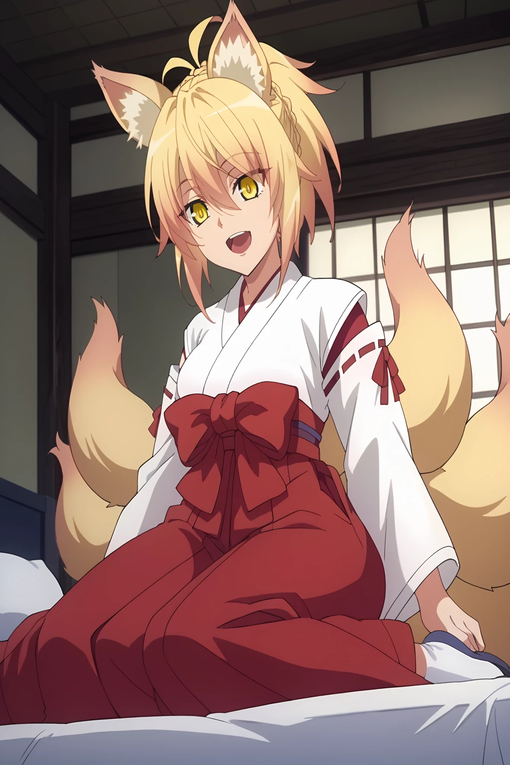 score_9, score_8_up, score_7_up, source anime, prefect lighting, very aesthetic, BREAK, anime screencap, anime coloring, kunou-dxd, 1girl, yellow eyes, fox eyes, blonde hair, animal ears, fox ears, fox tail, multiple tails, smile, breasts, japanese clothes, kimono, white kimono, skirt, hakama, hakama skirt, open mouth, miko, ponytail, kunou-kimono, anime_style, bedroom, bed, sitting, from below, dutch angle