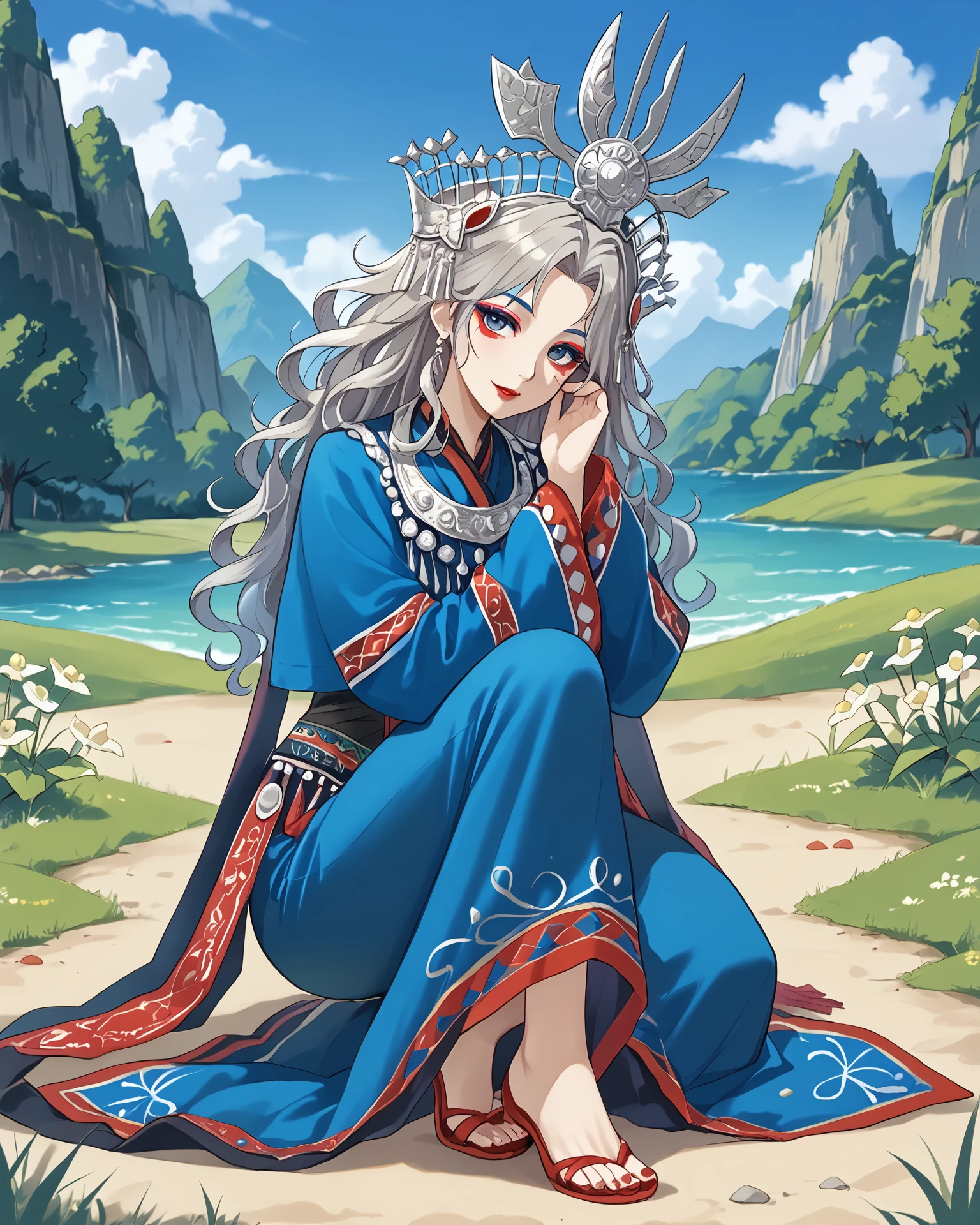 1girl, wearing miaofashion, miaofashion headdress, full body, contrapposto, ornate clothing, wavy hair, daffodils, head tilt, red eyeliner, blue eyeshadow, extremely detailed, digital art, masterpiece, absurdres, highest quality, score_9, score_8_up, score_7_up, outdoors,  <lora:MiaoFashion_XL-000014:1>,  <lora:EndEndStart:1.2> kaoro,