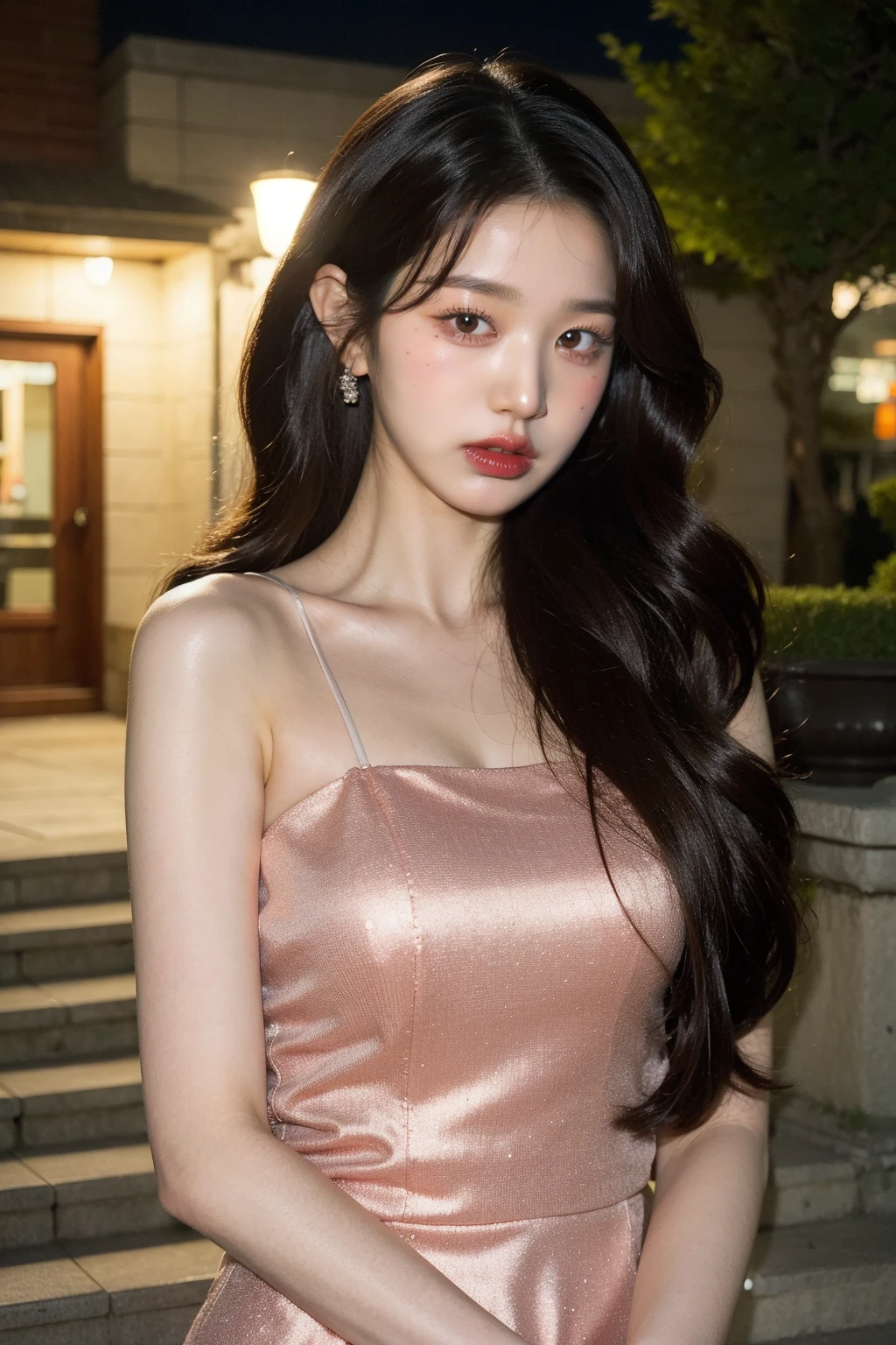 Best quality, masterpiece, ultra high res, (photorealistic), wonyounglora,raw photo,1girl, skinny, upper body,solo, realistic, looking at viewer, outdoor, formal dress, long wavy hair, <lora:wonyounglora:1>