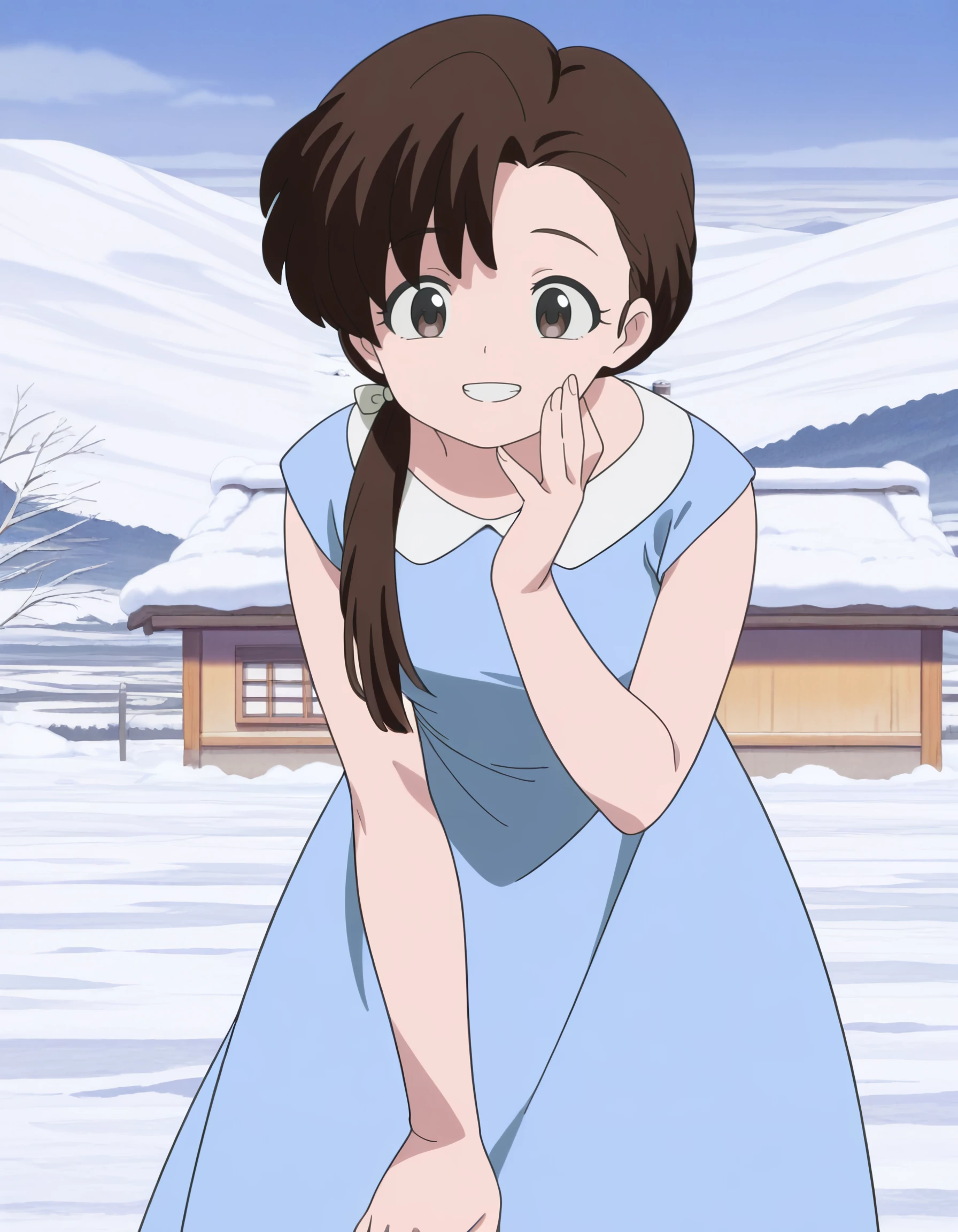 masterpiece, best quality, amazing quality, <lora:ranma_½_il:1>kasumi, long_hair, brown_hair, low_ponytail, brown_eyes, sleeveless, blue_dress, by_tamateba_co, snow, 1girl, solo, smile, grin, imageboard_colors, hill