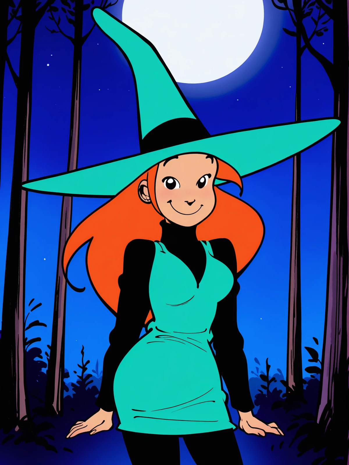 1girl, melusine, long hair, orange hair, witch hat, dress, turtleneck, pantyhose, <lora:Melusine_r2:1>, cowboy shot, looking at viewer, smile, forest, ht sky, full moon
