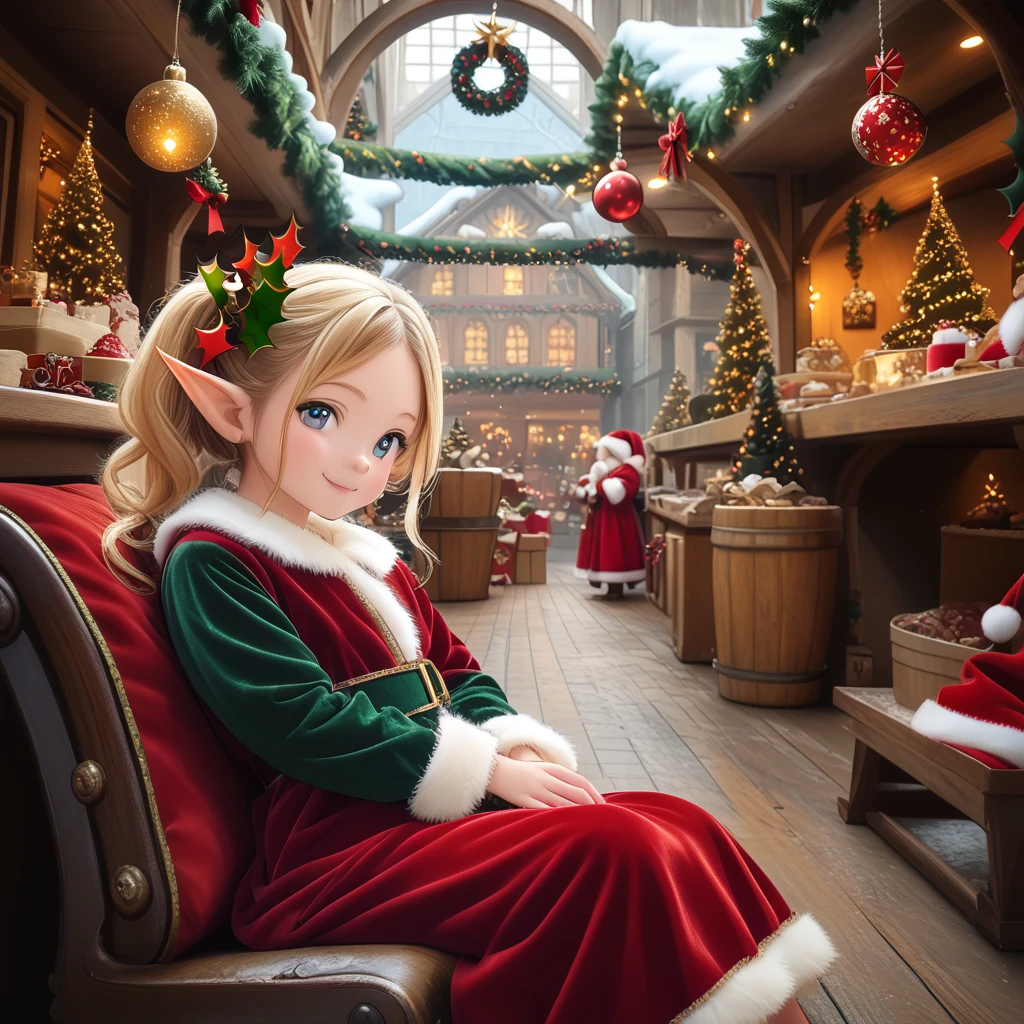 score_6_up,score_5_up,score_4_up,
<lora:Wolvies_Christmas_Elf_v241212.1436:1> xmas_elf, female elf, middle aged, Christmas, holiday, complex background, sitting in a huge leather chair, reading a long scroll, drinking hot cocoa, taking a break, in Santa's workshop, North Pole, concentration, smile, anime, highly detailed, in focus, excellent quality, high resolution, Christmas background, Christmas decorations, cozy, masterpiece, best quality, very aesthetic, (open eyes:1.3), (accurate eyes:1.2), (detailed and precise face:1.2), life-like, depth of field, detailed textures, bright colors, natural light, ultra HD, fine details, soft background blur,