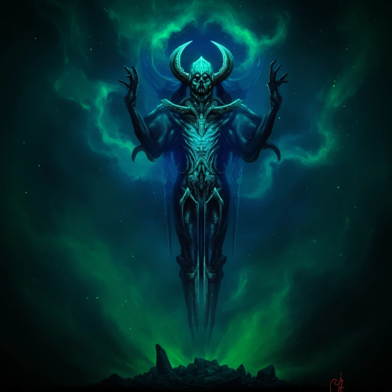 The image is a digital artwork in a dark, eerie sci-fi fantasy style, depicting a towering, humanoid figure with an otherworldly, nightmarish appearance. The figure stands against a backdrop of swirling, dark, cosmic space with nebula-like patterns in shades of deep blue and green, giving a sense of depth and vastness. 
The creature's body is elongated and slender, with an exoskeleton-like structure that glows with an ethereal, pulsating blue light.
, <lora:path_of_exile_flux:0.8>,