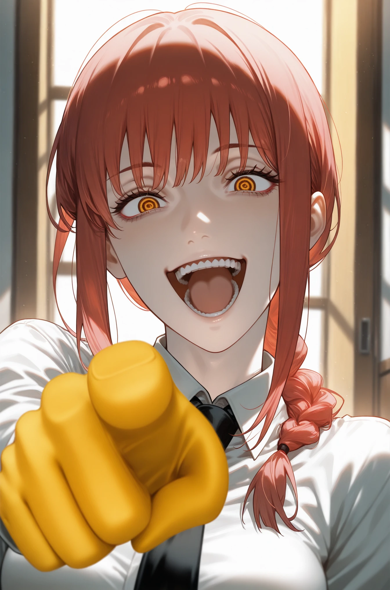 masterpiece, best quality,
 <lora:Laughing at you [IL]:0.8> laughing_at_you, open mouth, pointing at viewer, yellow glove,  laughing, mocking, 
makima_(chainsaw_man), chainsaw_man, 1girl, red_hair, yellow_eyes, solo,