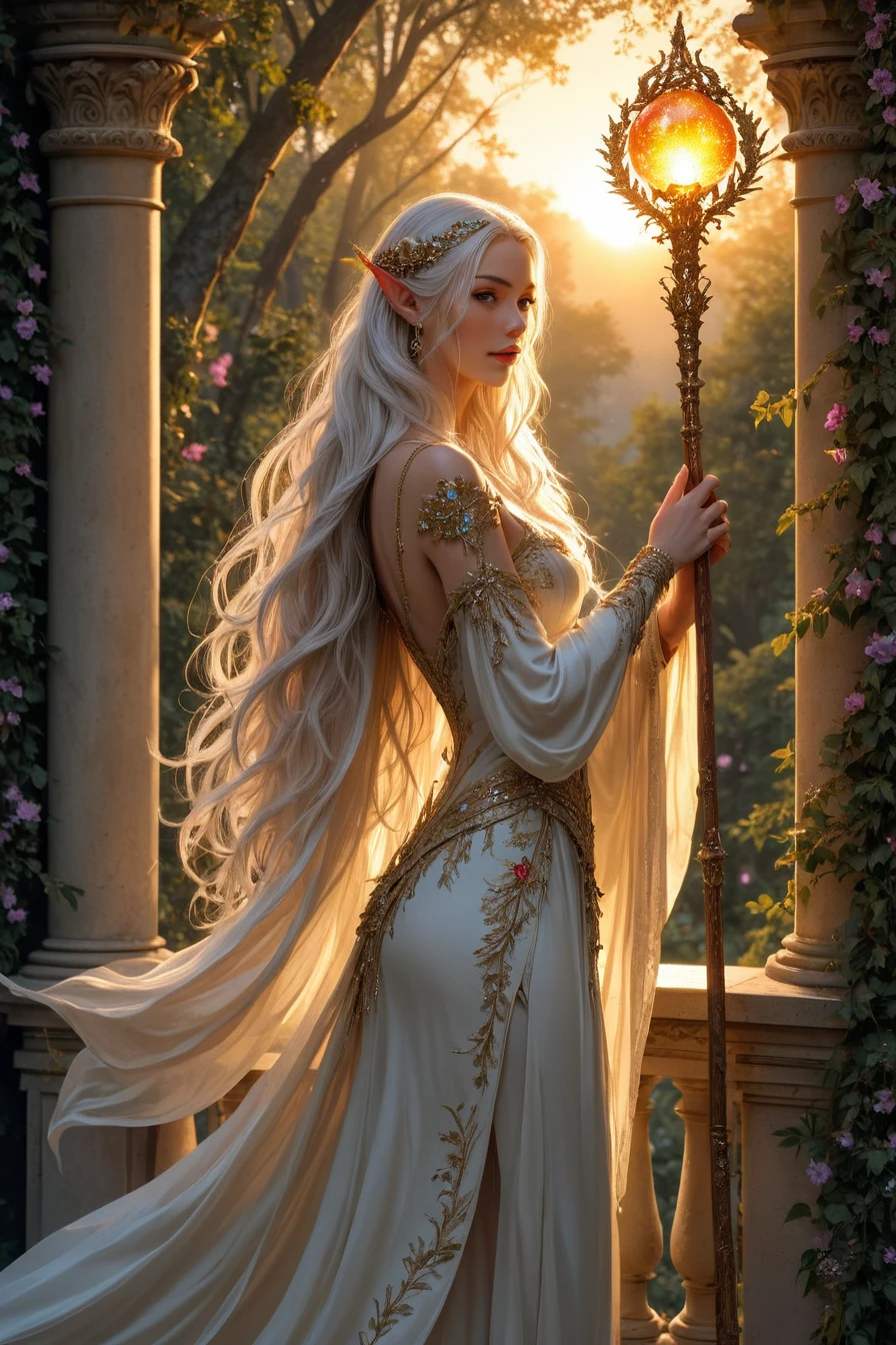 A stunning elf princess stands gracefully on a marble balcony overlooking an enchanted forest bathed in golden twilight. Her long, silver hair flows elegantly down her back, shimmering with a faint magical glow. She wears an exquisite gown made of silk and adorned with delicate floral embroidery that mirrors the vibrant blossoms of her surroundings. In her slender hands, she holds an intricately carved staff crowned with a radiant crystal orb that emits a soft, warm light. The magic she casts creates a mesmerizing aurora of colors, spreading across the sky. Her pointed ears peek through her hair, and her serene, yet commanding expression reflects wisdom and power. Ethereal fireflies and blooming vines add a touch of enchantment to the scene. orb staff