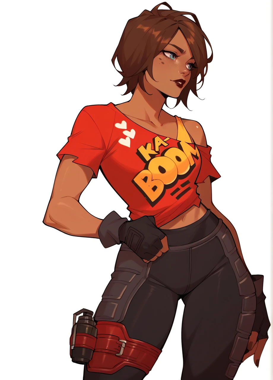 1girl, solo, cowboy shot, white background, dark skin, brown hair, lipstick, tinadef, short hair, print shirt, off shoulder, black pants, thigh holster, fingerless gloves <lora:FN_TNTina-PONY:0.8>, score_8_up, score_7_up, score_6_up, score_5_up, score_4_up,