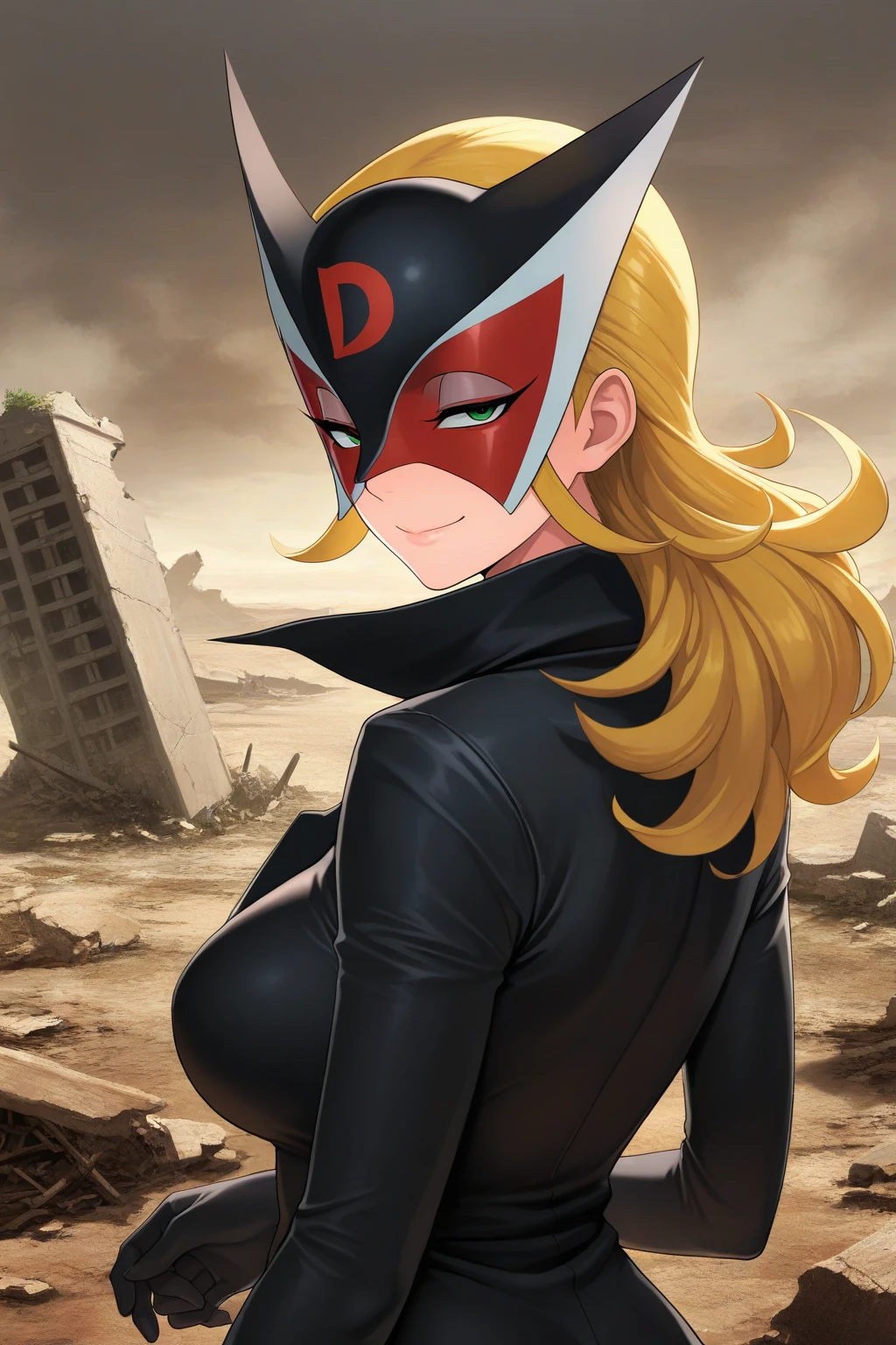 masterpiece, best quality, amazing quality, absurdres, 1girl, doronjosama, mature female, solo, looking at viewer, smile, half-closed eyes, upper body, from behind, looking back, closed mouth, mask, blonde hair, green eyes, black elbow gloves, black coat, outdoors, wasteland, ruins