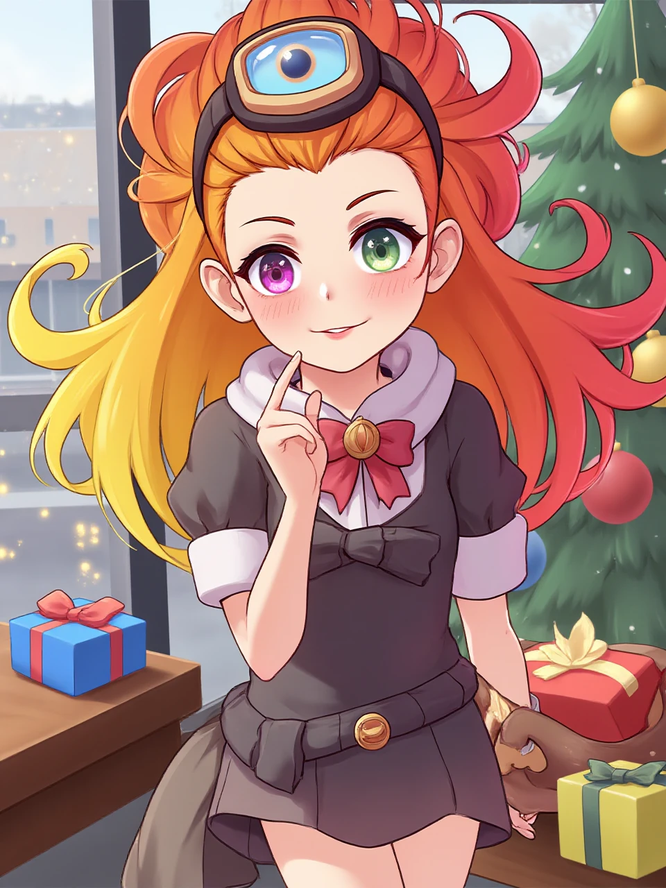 1girl,zoe,heterochromatic pupil,yellow and red hair,city,Christmas tree,gifts